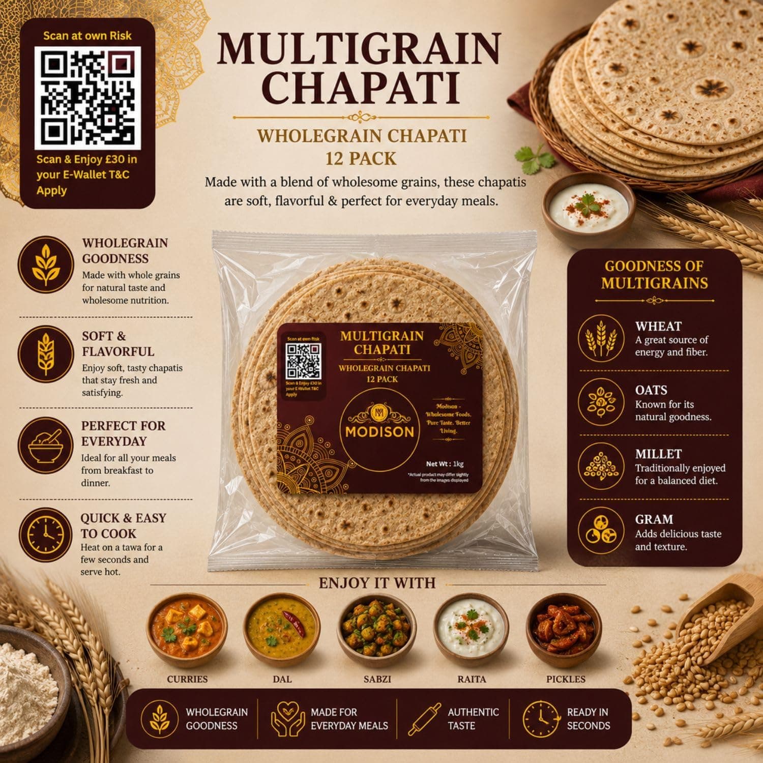 MODISON Multigrain Chapati 12 Pcs Frozen Indian Flatbread 1kg by Modison, view 8