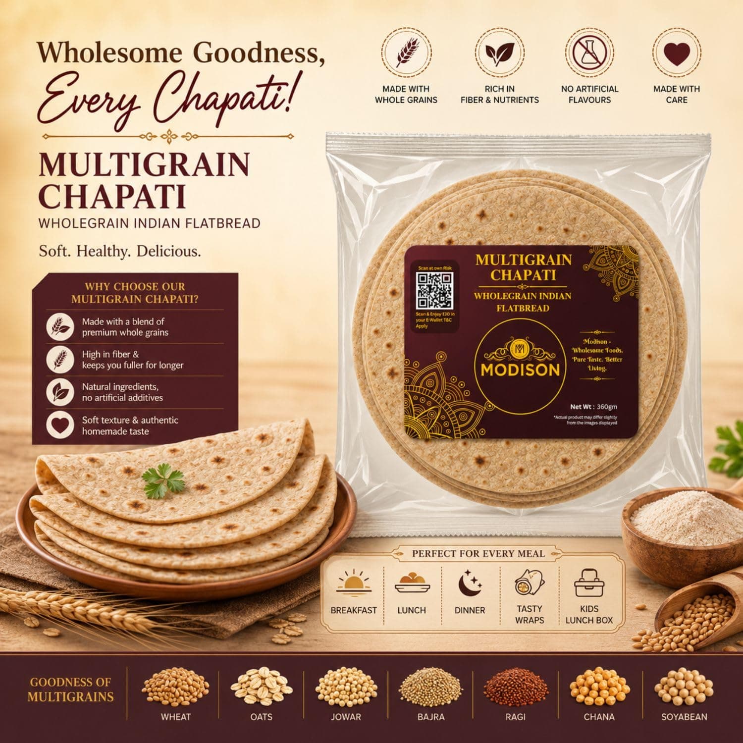 MODISON Multigrain Chapati Traditional Indian Flatbread Frozen 360g by Modison, view 2