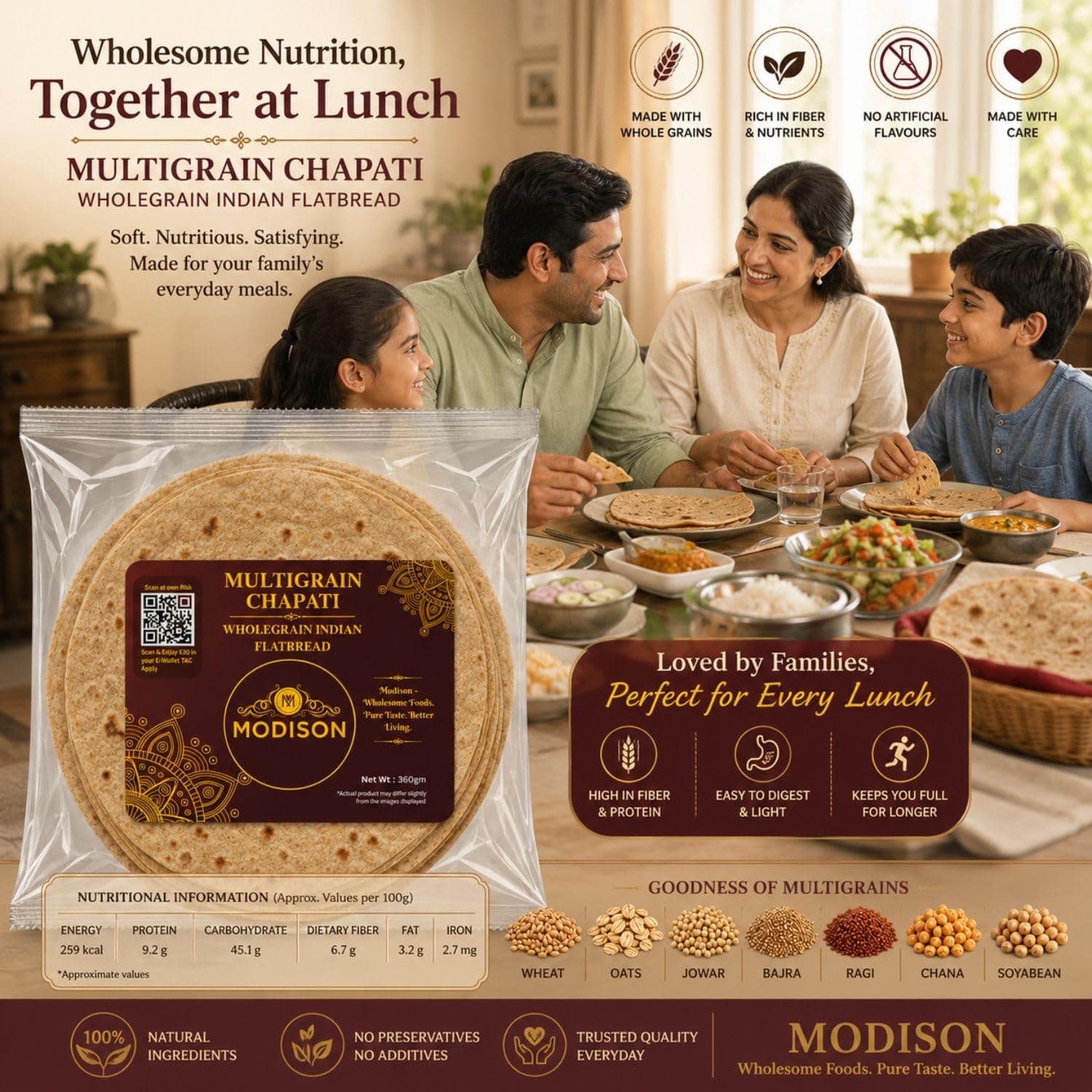 MODISON Multigrain Chapati Traditional Indian Flatbread Frozen 360g by Modison, view 4