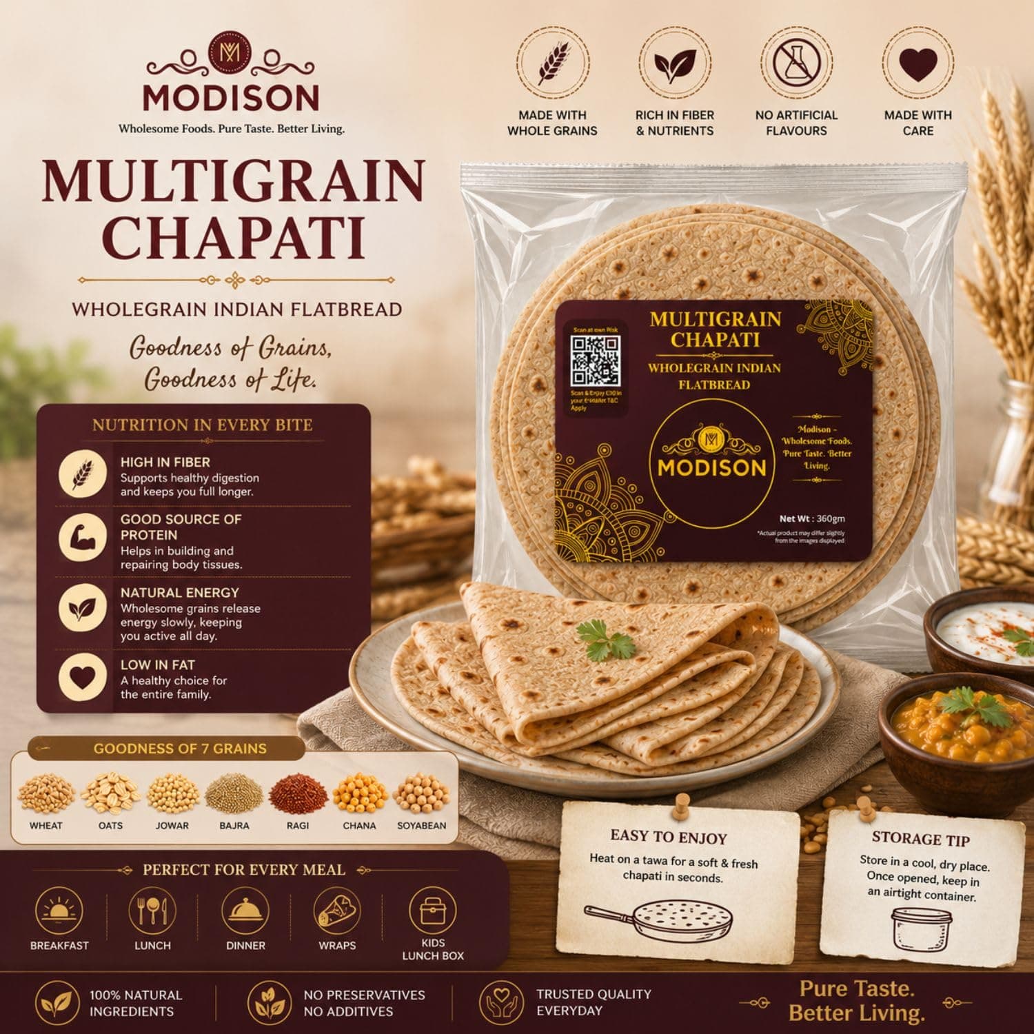 MODISON Multigrain Chapati Traditional Indian Flatbread Frozen 360g by Modison, view 7