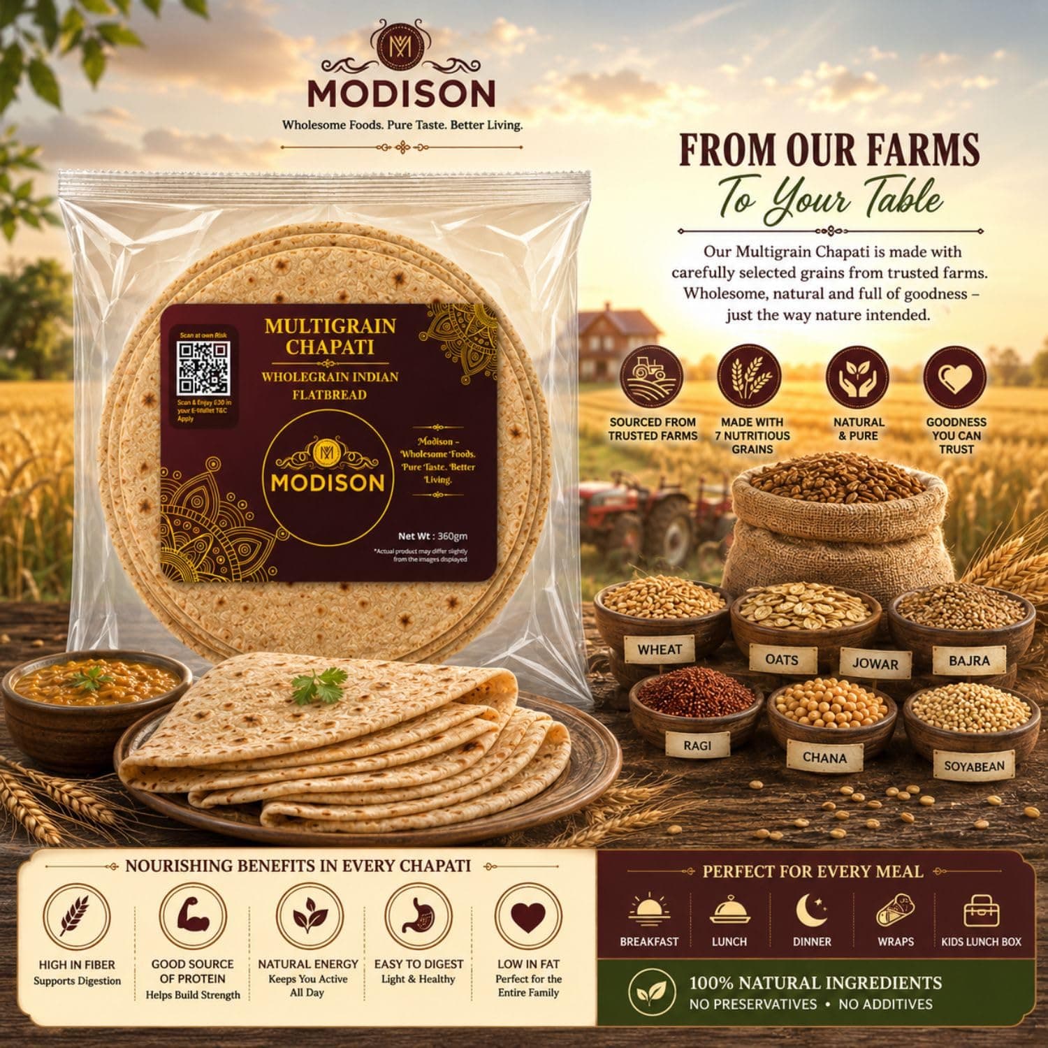 MODISON Multigrain Chapati Traditional Indian Flatbread Frozen 360g by Modison, view 8