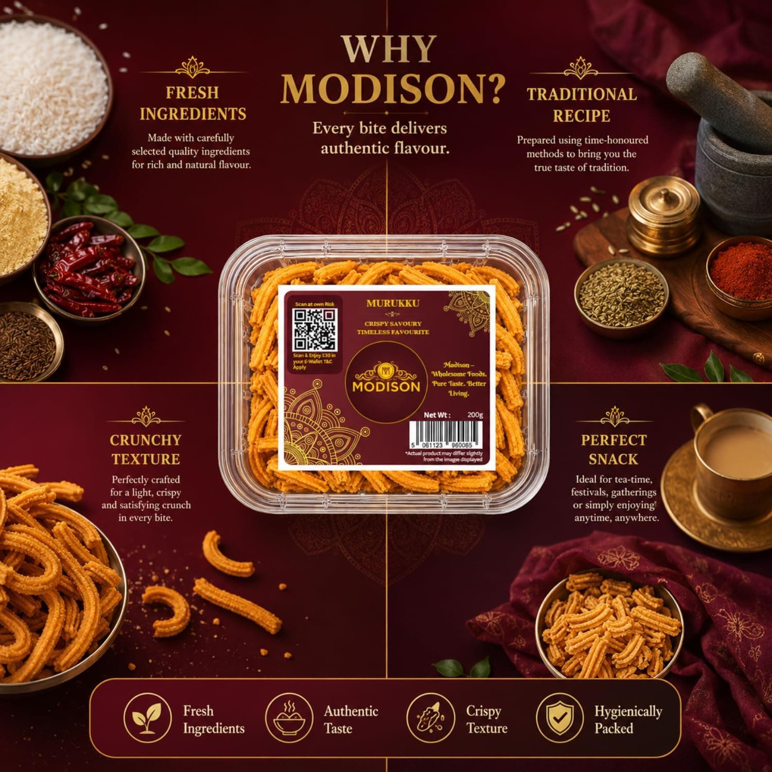 MODISON Murukku Indian Namkeen Snack Crispy Traditional 200g by Modison, view 2