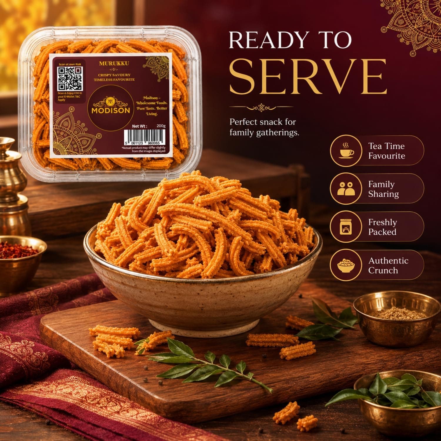 MODISON Murukku Indian Namkeen Snack Crispy Traditional 200g by Modison, view 3