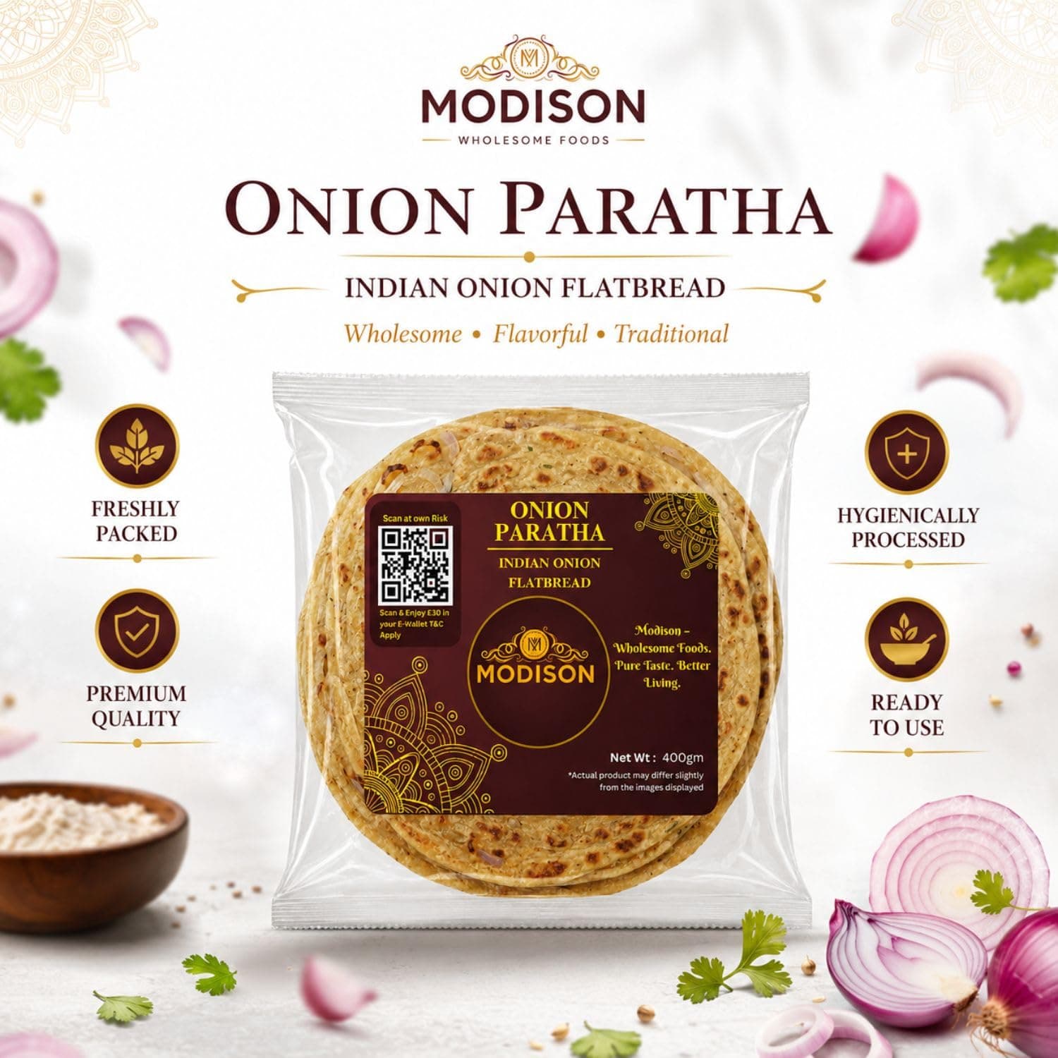 MODISON Onion Paratha Whole Wheat Flatbread 400g by Modison, view 2