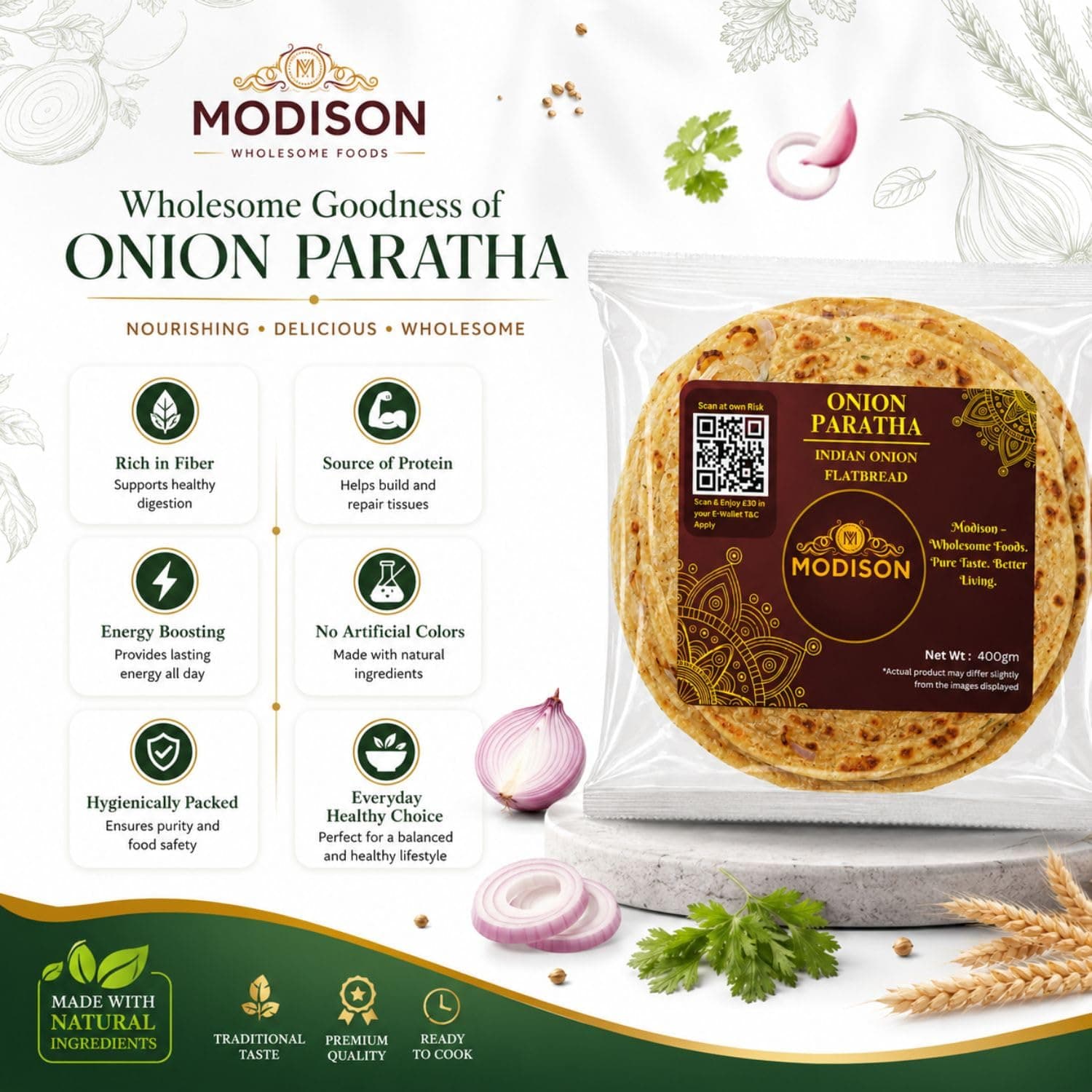 MODISON Onion Paratha Whole Wheat Flatbread 400g by Modison, view 4