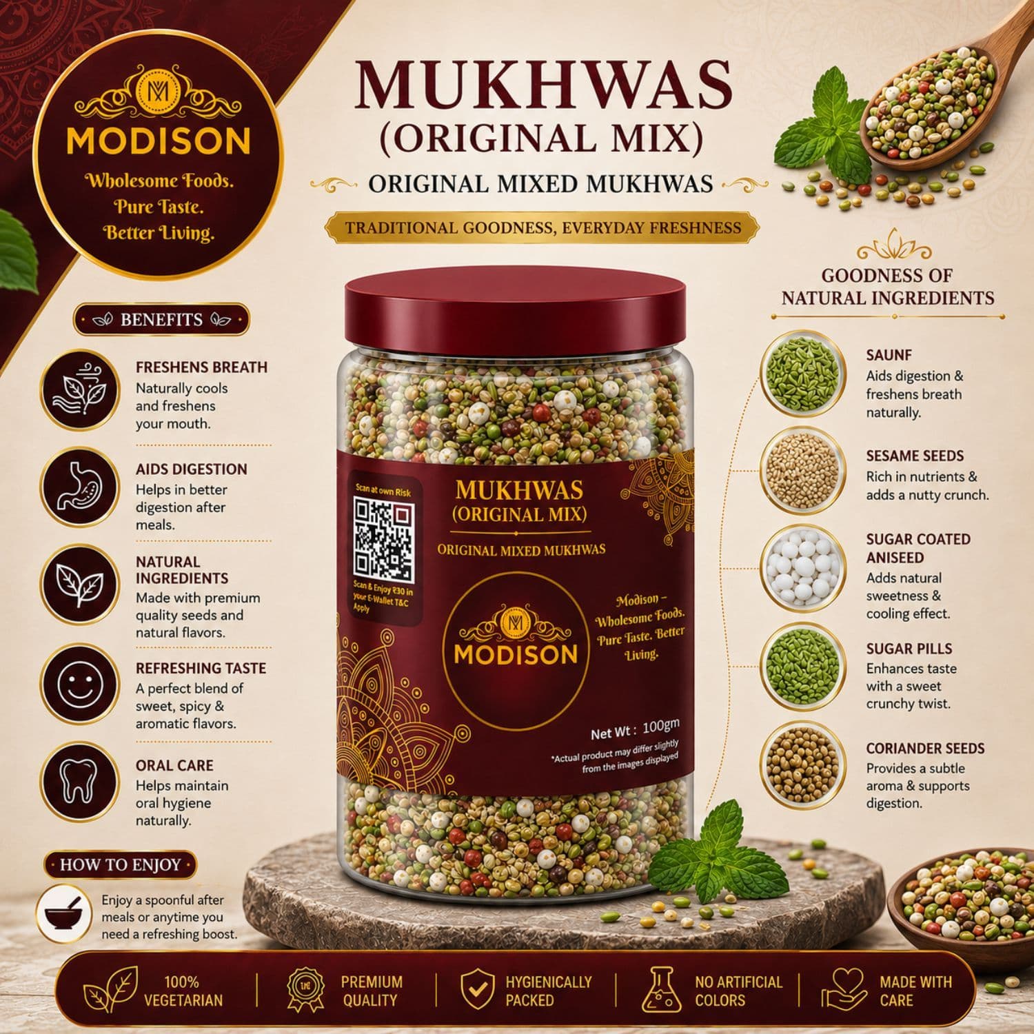 MODISON Original Mix Indian Mouth Freshener Crunchy Saunf 100g by Modison, view 2