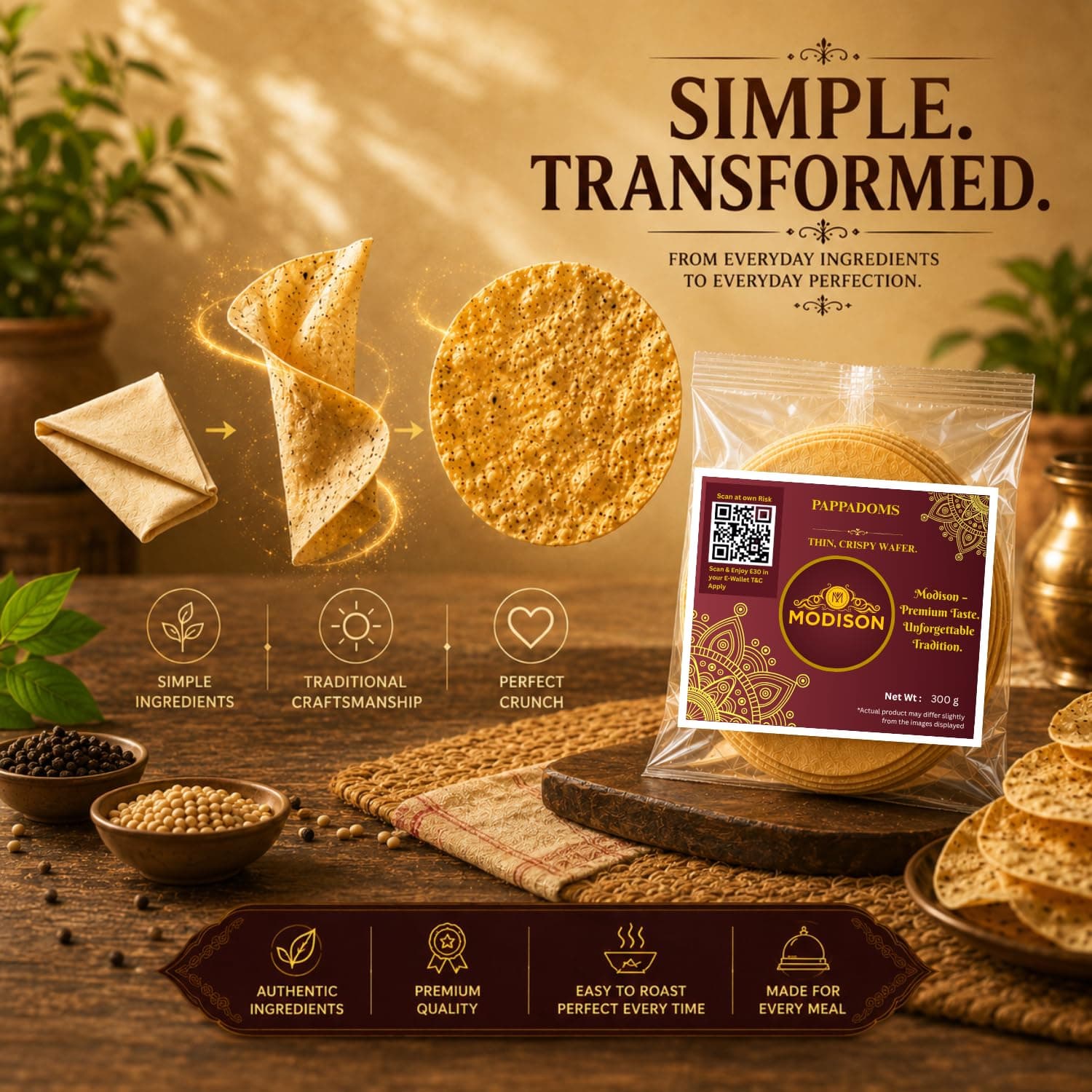 MODISON Plain Pappadoms Indian Papad Thin Crispy Wafer 300g by Modison, view 4