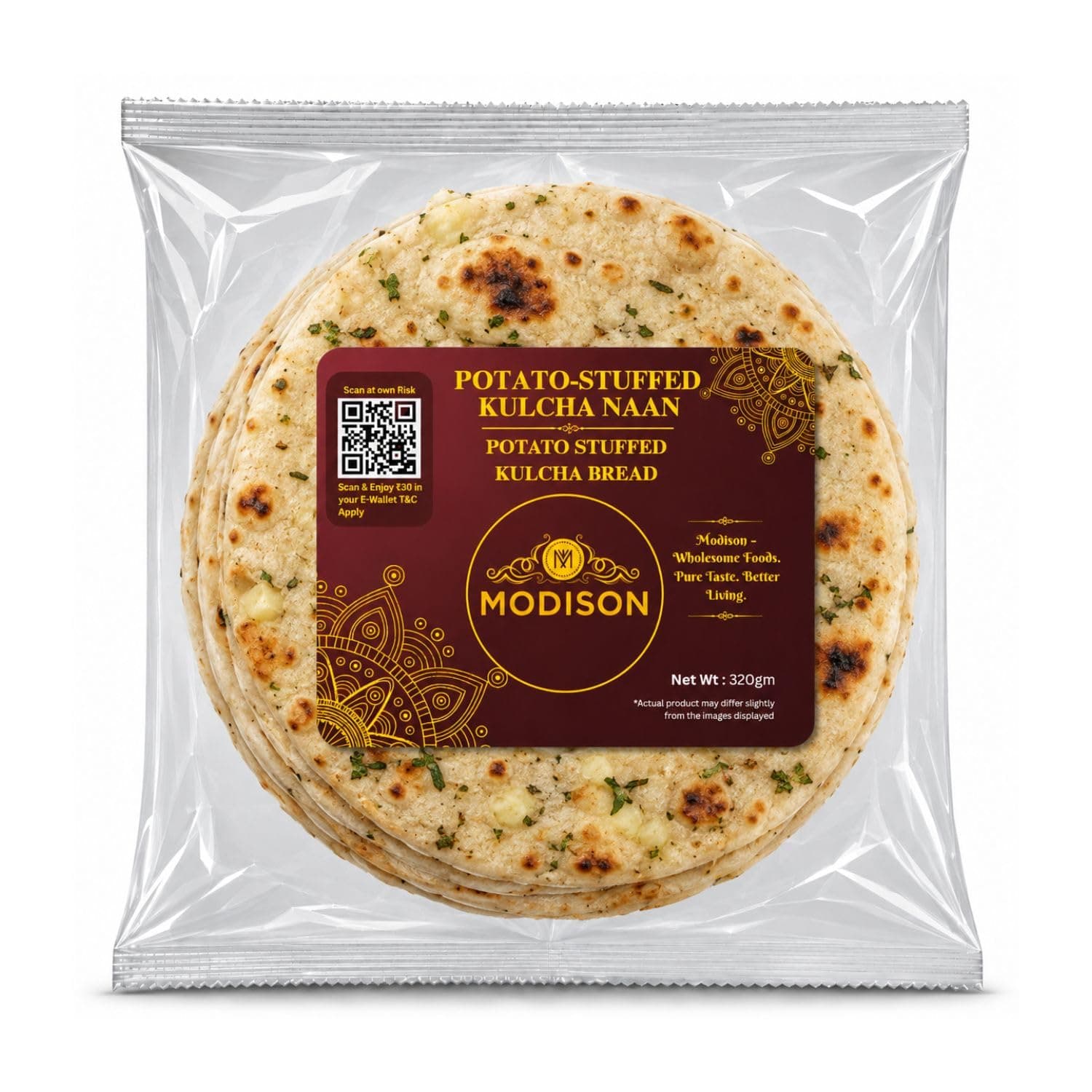 MODISON Potato Stuffed Kulcha Naan Traditional Flatbread Frozen 320g by Modison, view 1