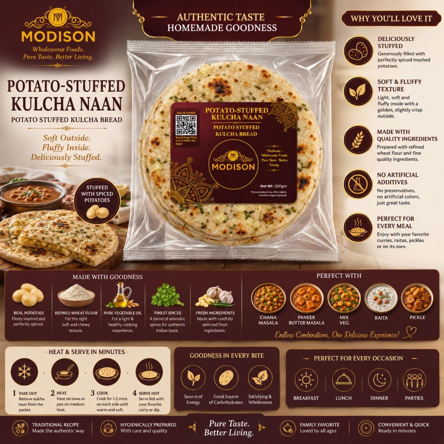 MODISON Potato Stuffed Kulcha Naan Traditional Flatbread Frozen 320g by Modison, view 2