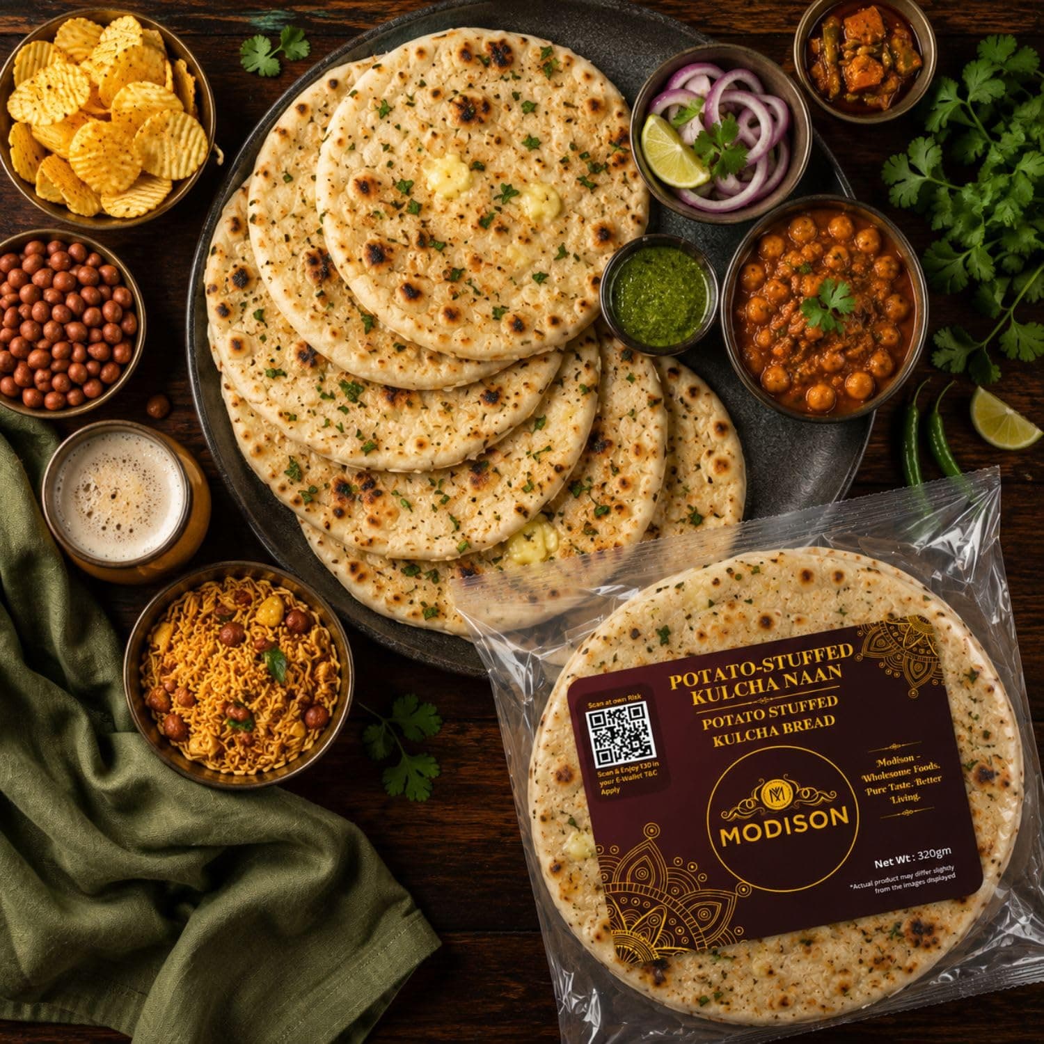 MODISON Potato Stuffed Kulcha Naan Traditional Flatbread Frozen 320g by Modison, view 3