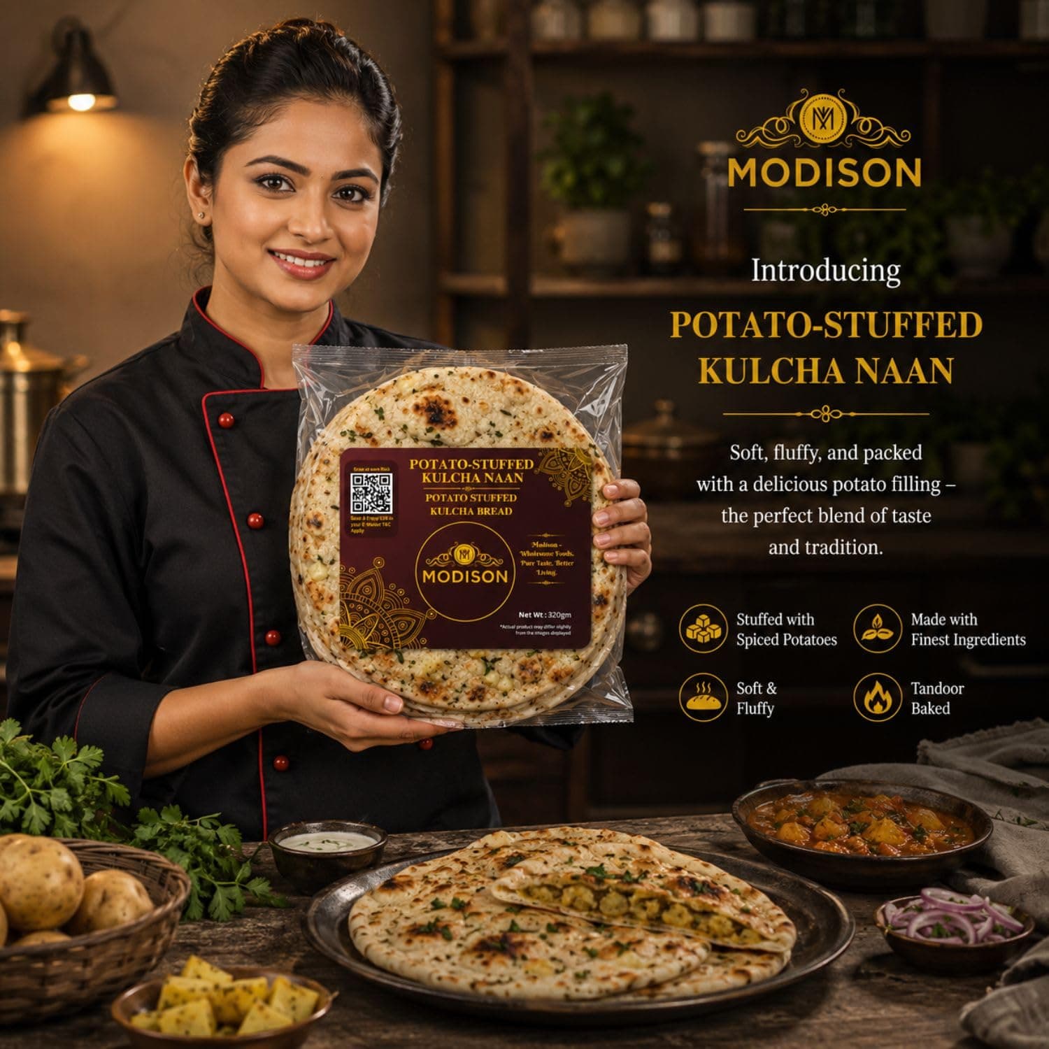 MODISON Potato Stuffed Kulcha Naan Traditional Flatbread Frozen 320g by Modison, view 5