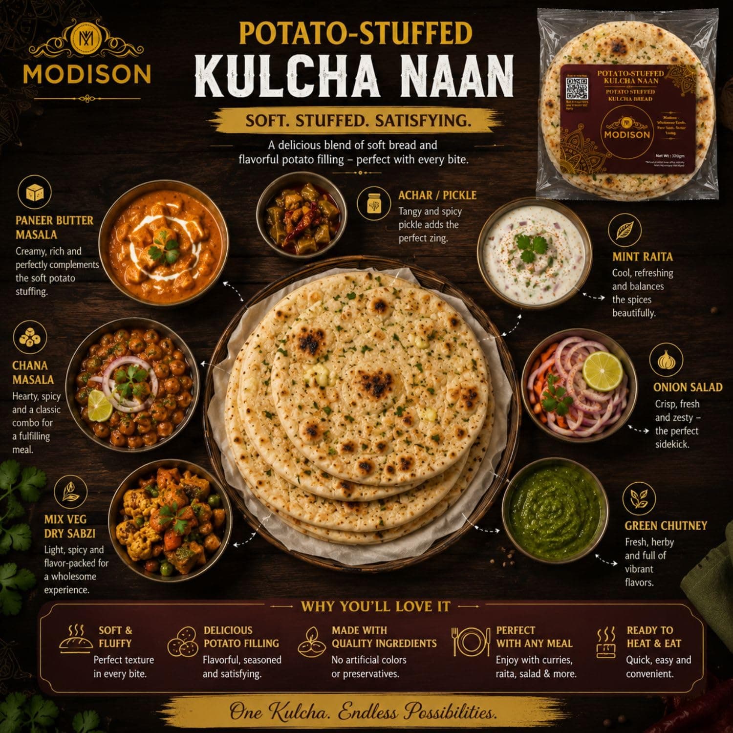 MODISON Potato Stuffed Kulcha Naan Traditional Flatbread Frozen 320g by Modison, view 7