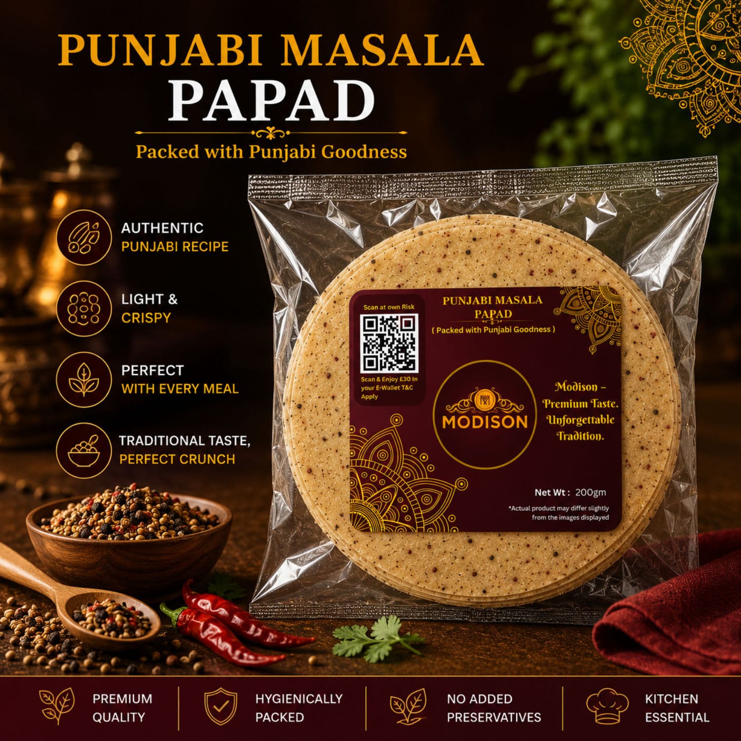 MODISON Punjabi Masala Indian Papad Spicy Lentil Wafer 200g by Modison, view 2