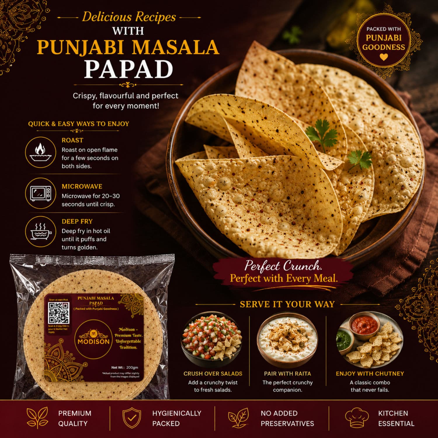 MODISON Punjabi Masala Indian Papad Spicy Lentil Wafer 200g by Modison, view 3
