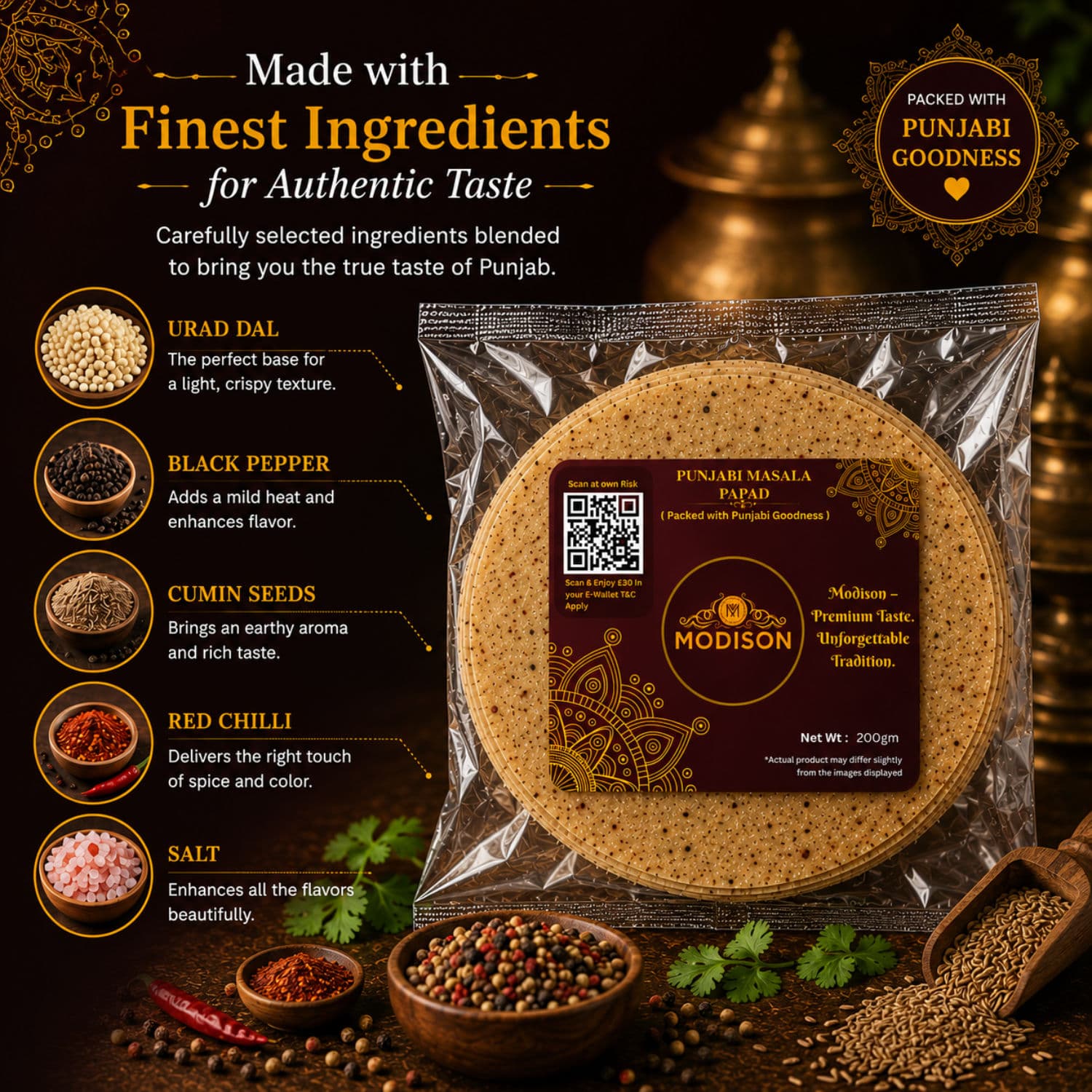 MODISON Punjabi Masala Indian Papad Spicy Lentil Wafer 200g by Modison, view 4