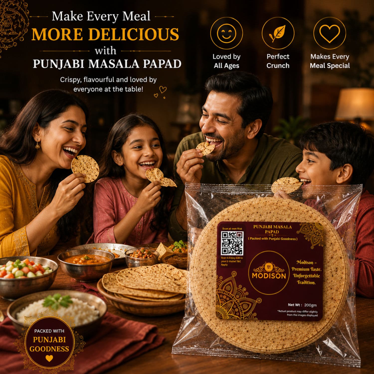 MODISON Punjabi Masala Indian Papad Spicy Lentil Wafer 200g by Modison, view 5