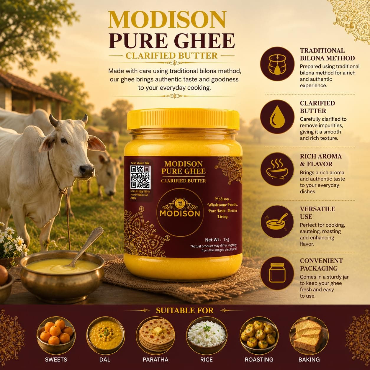 MODISON Pure Ghee Clarified Butter Pure Milk Fat 1kg by Modison, view 2