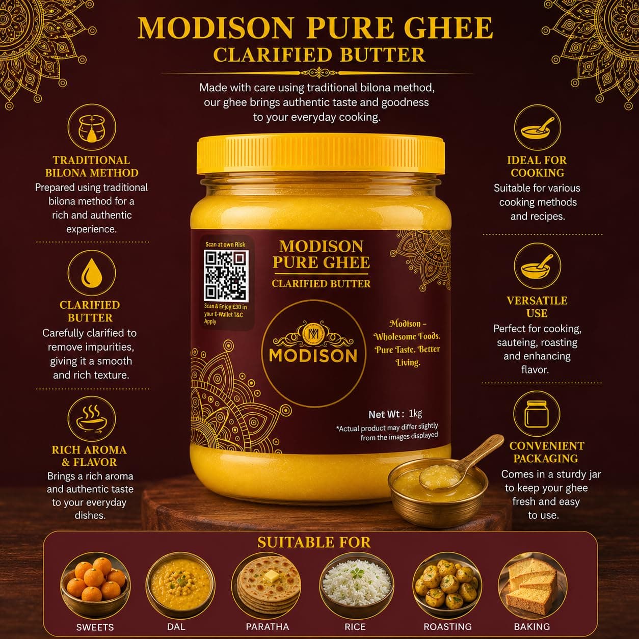 MODISON Pure Ghee Clarified Butter Pure Milk Fat 1kg by Modison, view 3