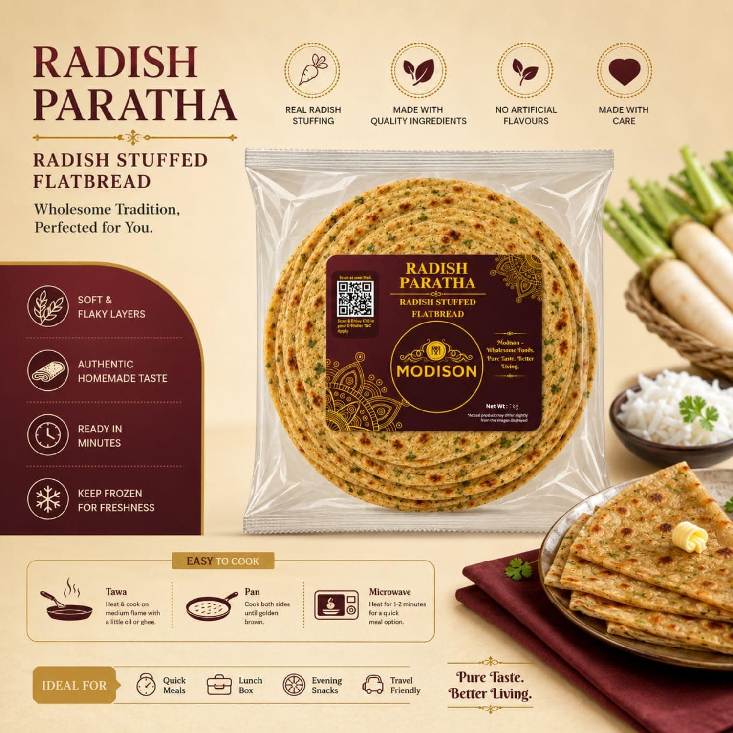 MODISON Radish Paratha Traditional Indian Flatbread Frozen 360g by Modison, view 2