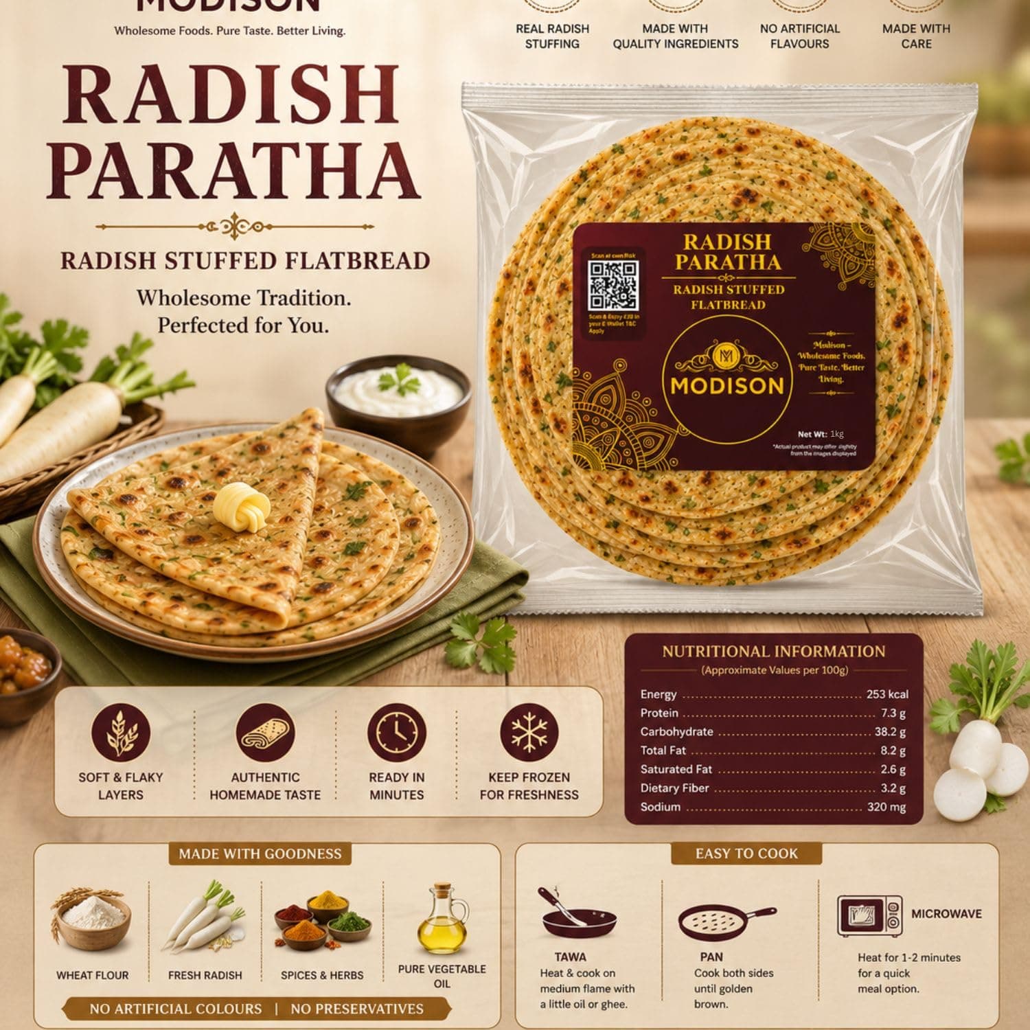 MODISON Radish Paratha Traditional Indian Flatbread Frozen 360g by Modison, view 3