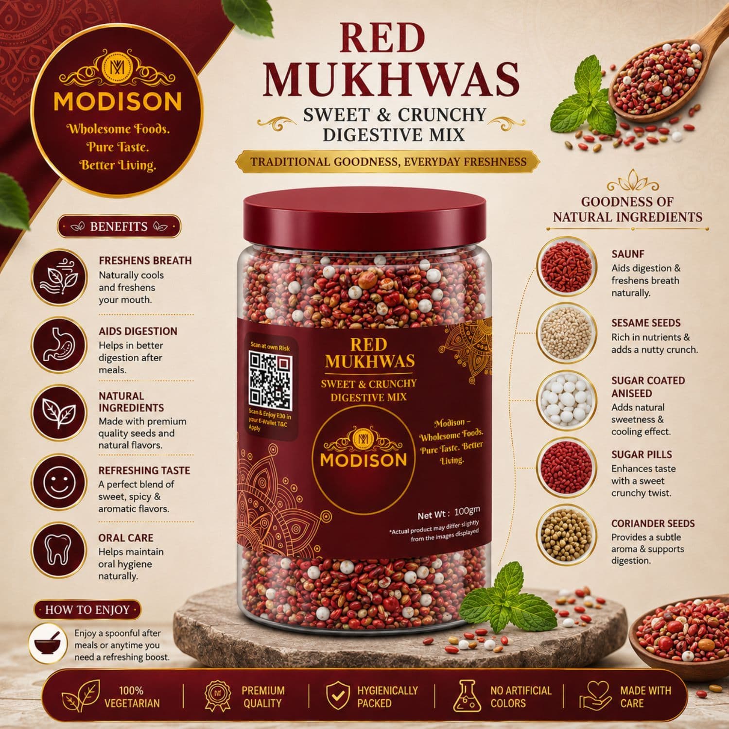 MODISON Red Mukhwas Indian Mouth Freshener Aniseed Coriander 100g by Modison, view 2