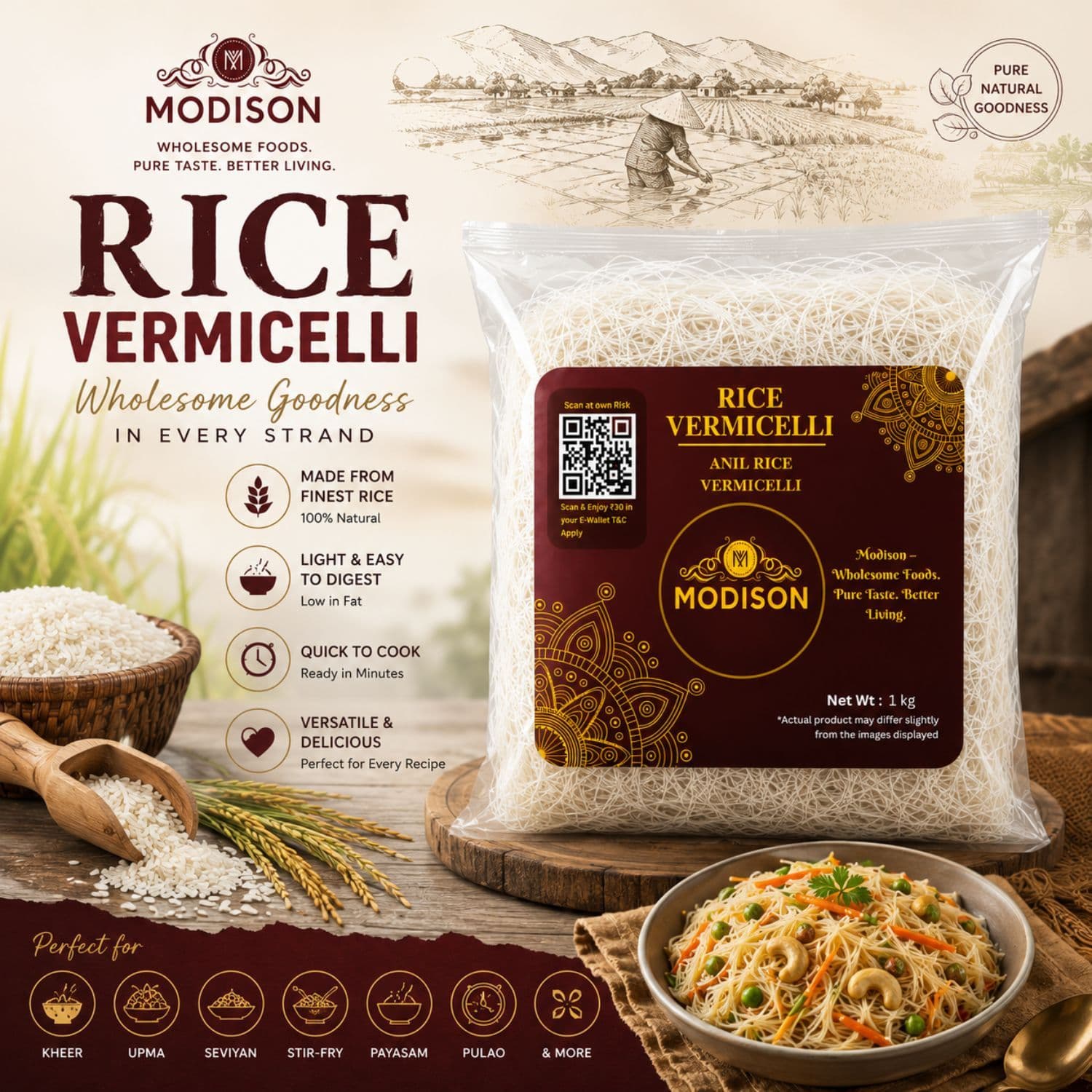 MODISON Rice Vermicelli Rice Noodles Ready to Cook 1kg by Modison, view 2