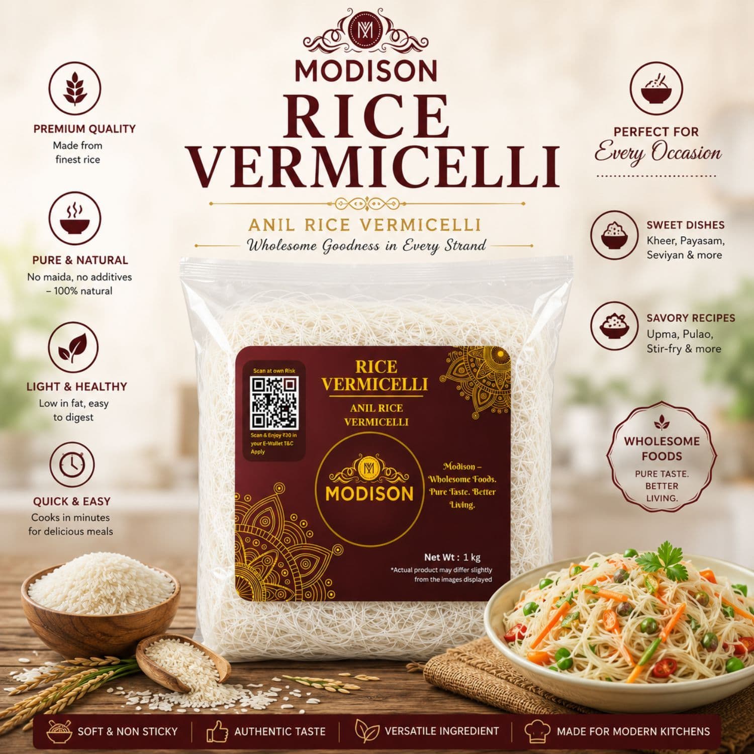 MODISON Rice Vermicelli Rice Noodles Ready to Cook 1kg by Modison, view 3