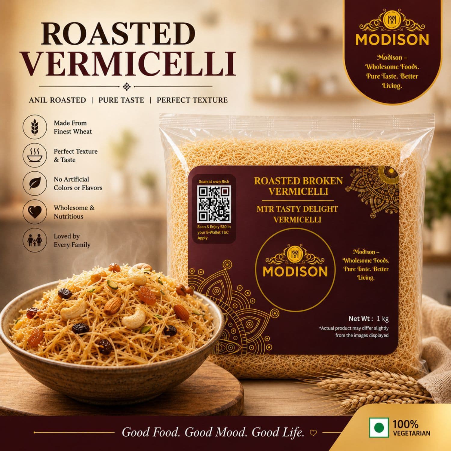 MODISON Roasted Broken Vermicelli, Wheat Semolina Sevai, 1 kg by Modison, view 2