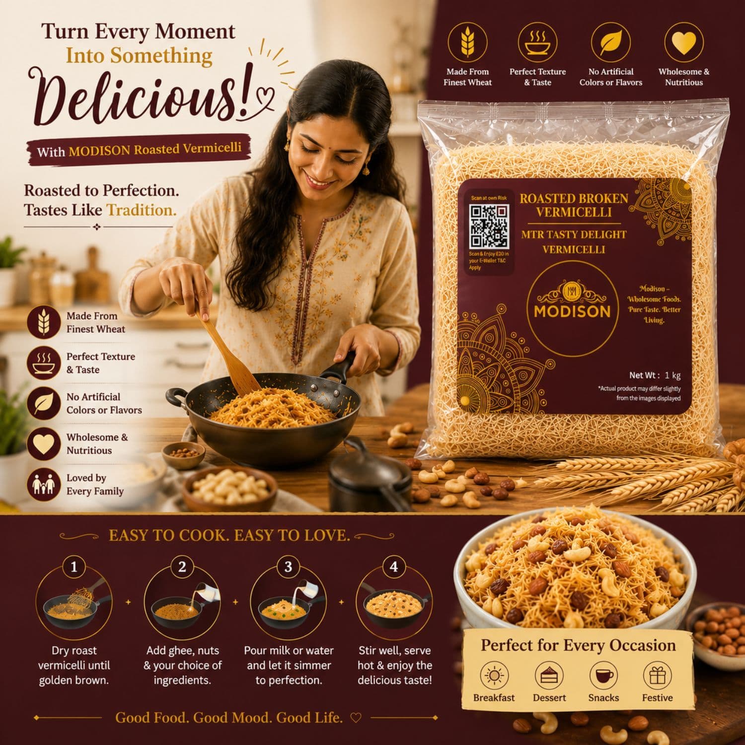 MODISON Roasted Broken Vermicelli, Wheat Semolina Sevai, 1 kg by Modison, view 4