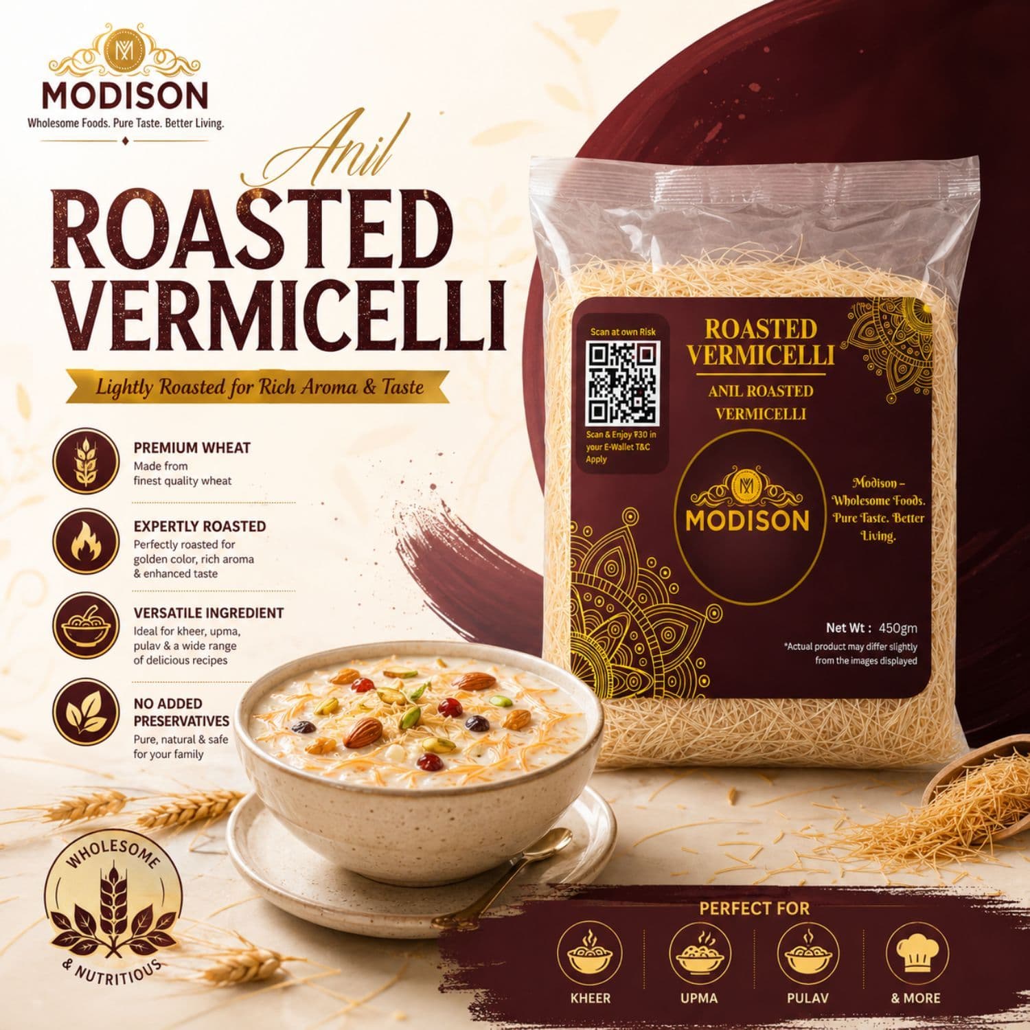 MODISON Roasted Vermicelli Ready to Cook Wheat Semolina Seviyan 440g by Modison, view 4