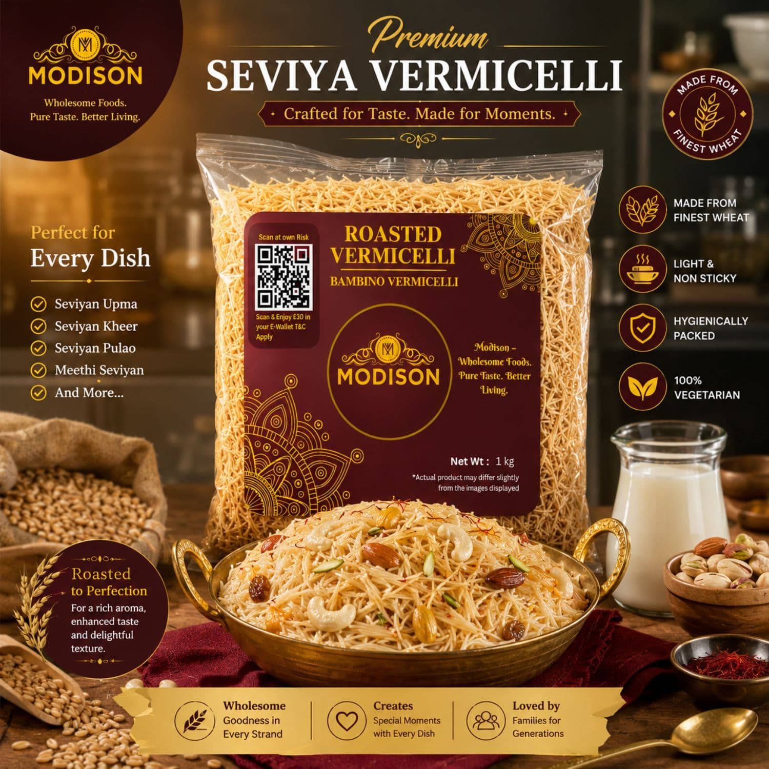 MODISON Roasted Vermicelli Wheat Semolina Ready to Cook 1kg by Modison, view 2