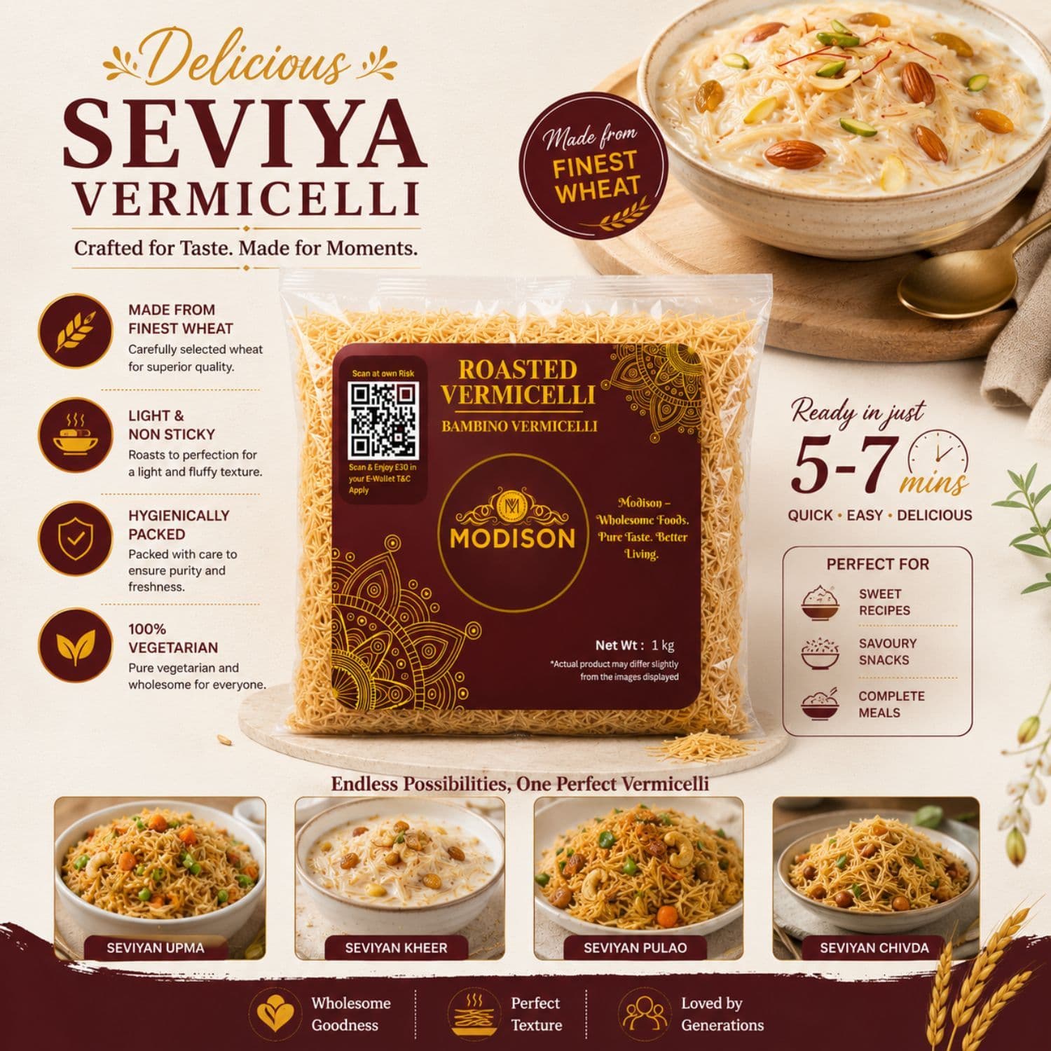 MODISON Roasted Vermicelli Wheat Semolina Ready to Cook 1kg by Modison, view 3