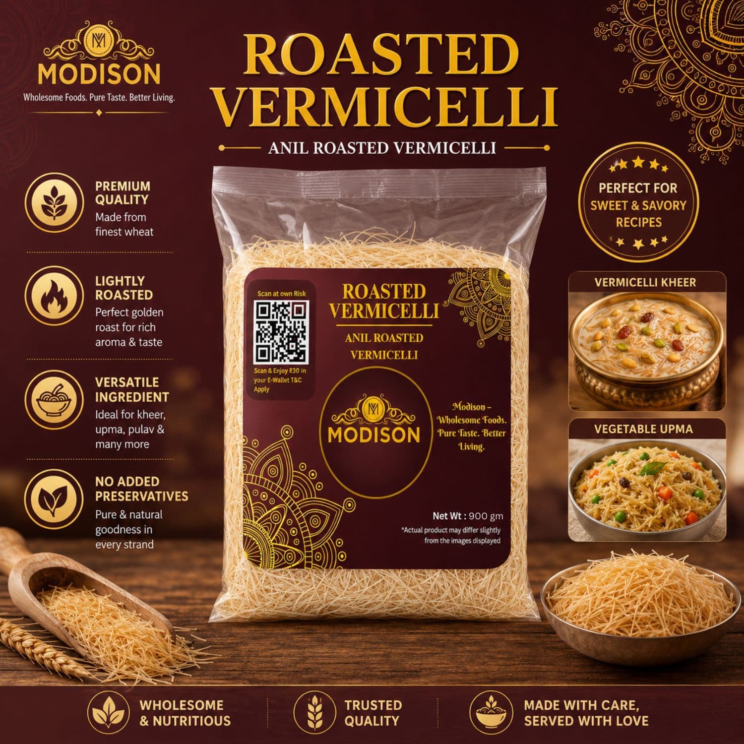 MODISON Roasted Vermicelli Wheat Semolina Seviyan 900g by Modison, view 2