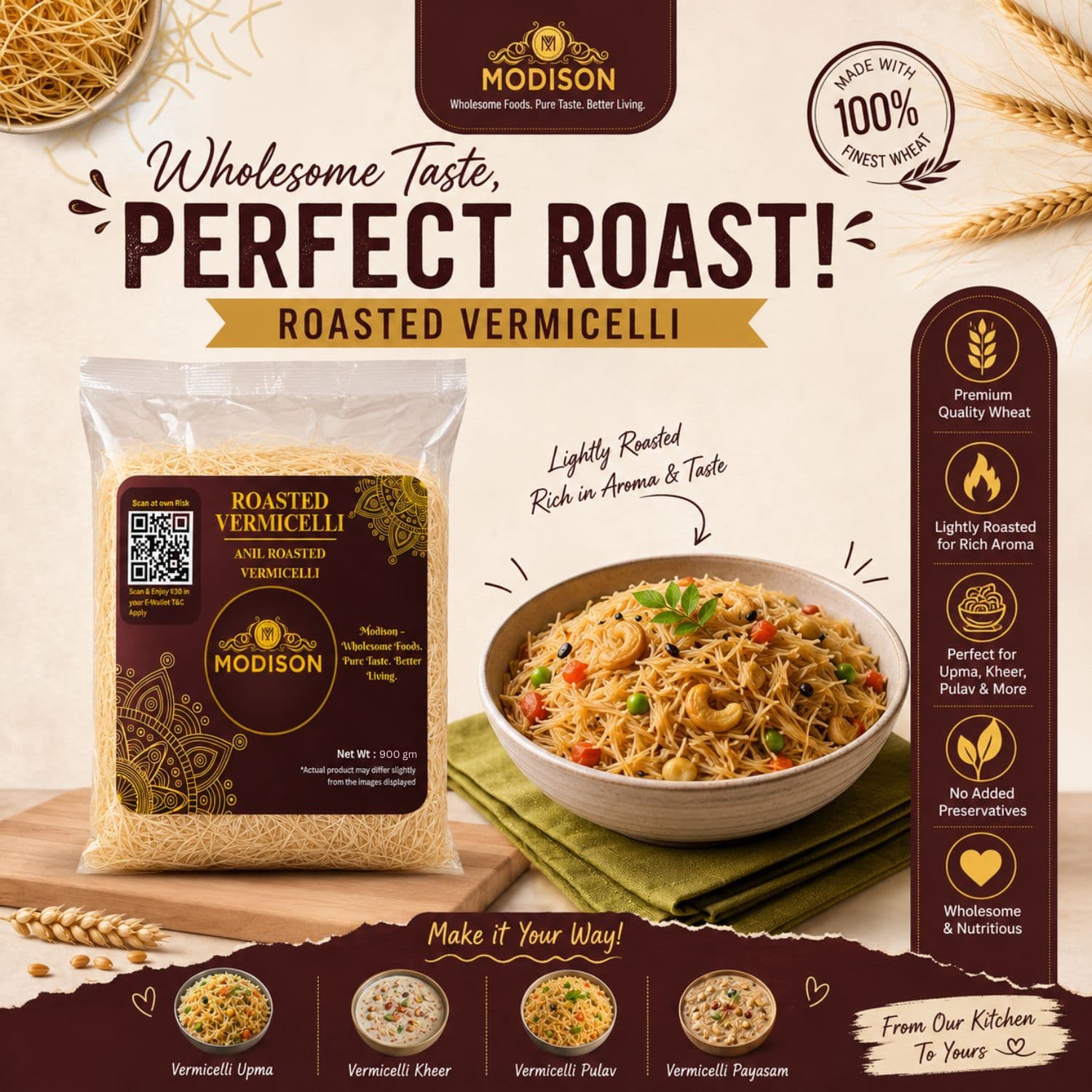 MODISON Roasted Vermicelli Wheat Semolina Seviyan 900g by Modison, view 3