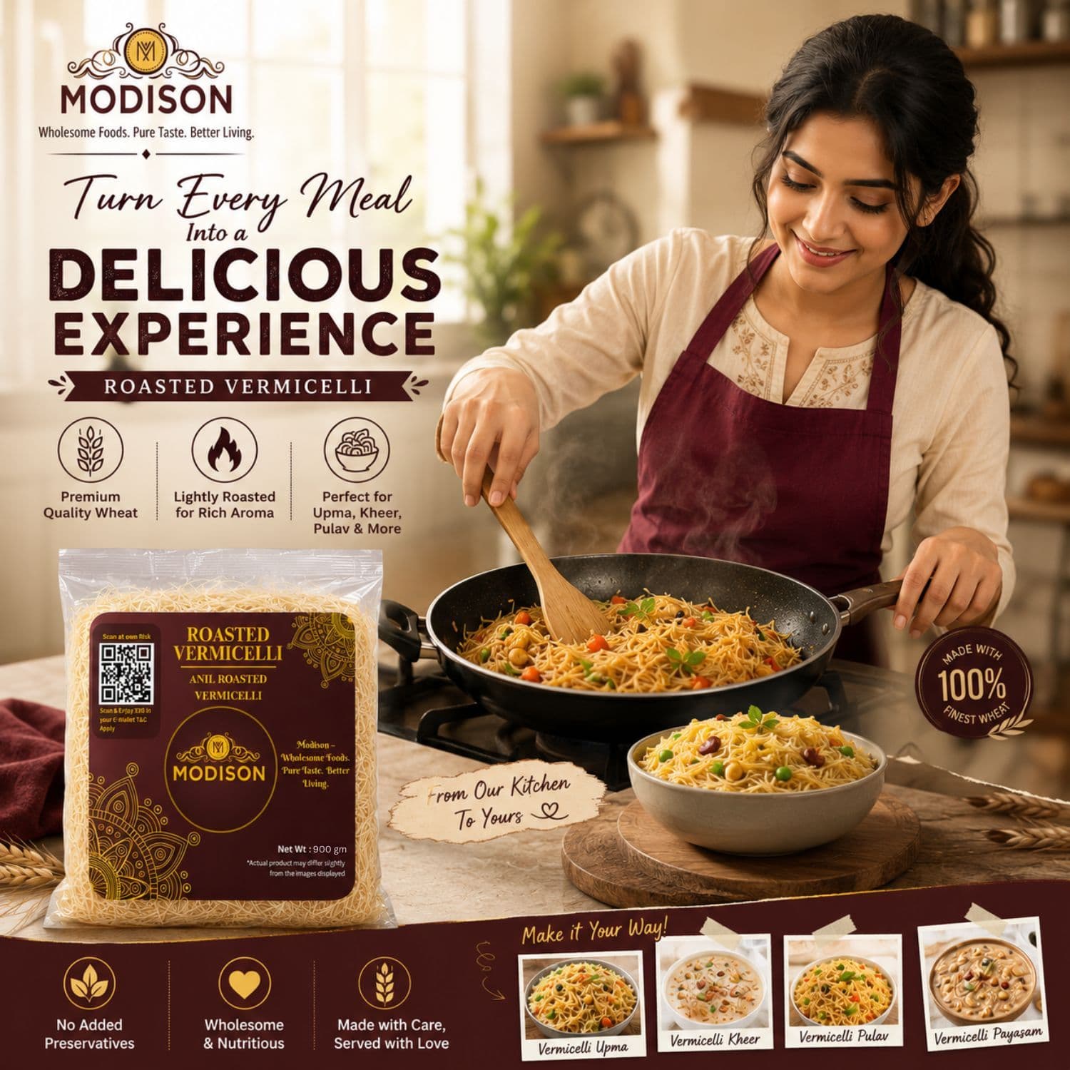 MODISON Roasted Vermicelli Wheat Semolina Seviyan 900g by Modison, view 5