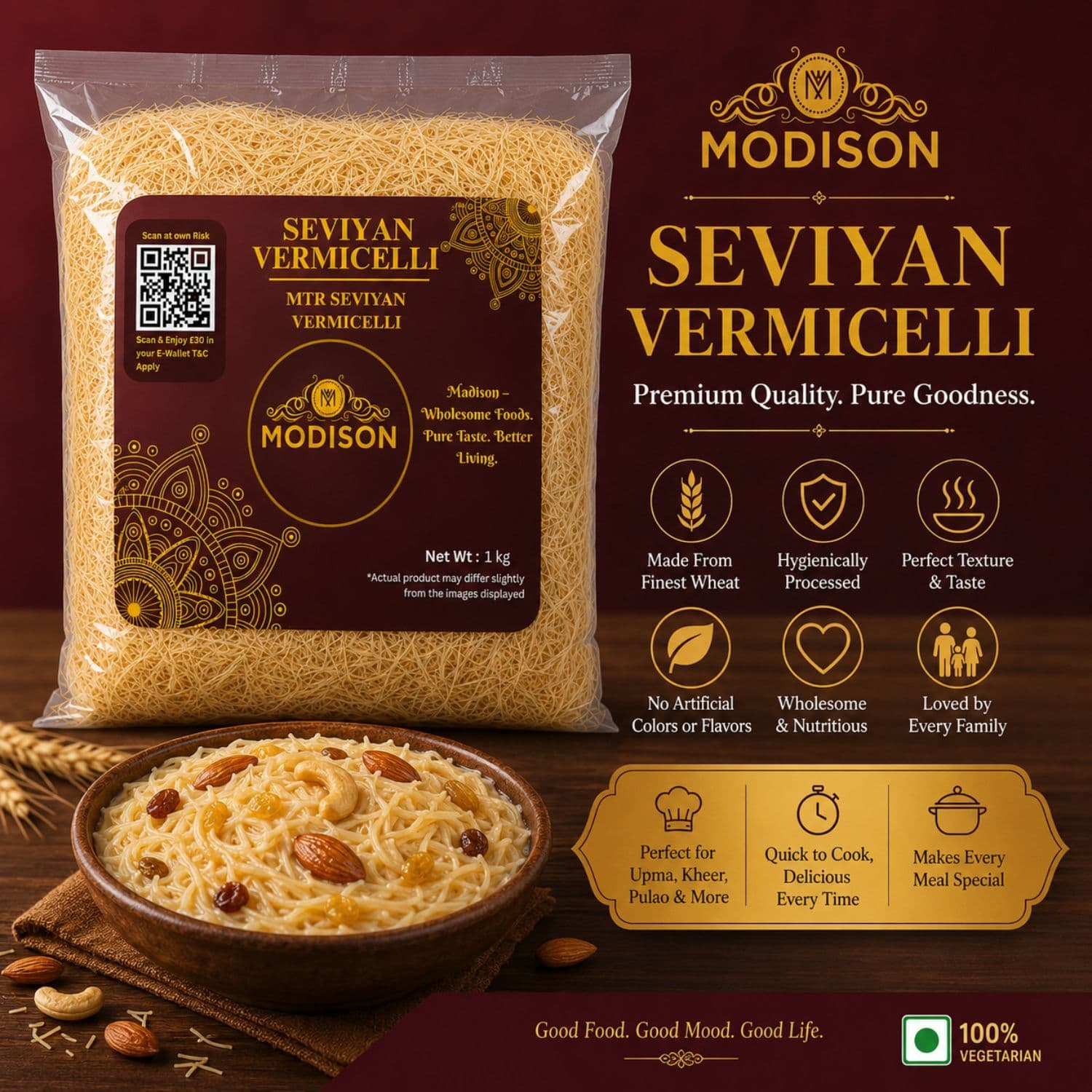 MODISON Seviyan Vermicelli Hard Wheat Semolina Pasta 1kg by Modison, view 2