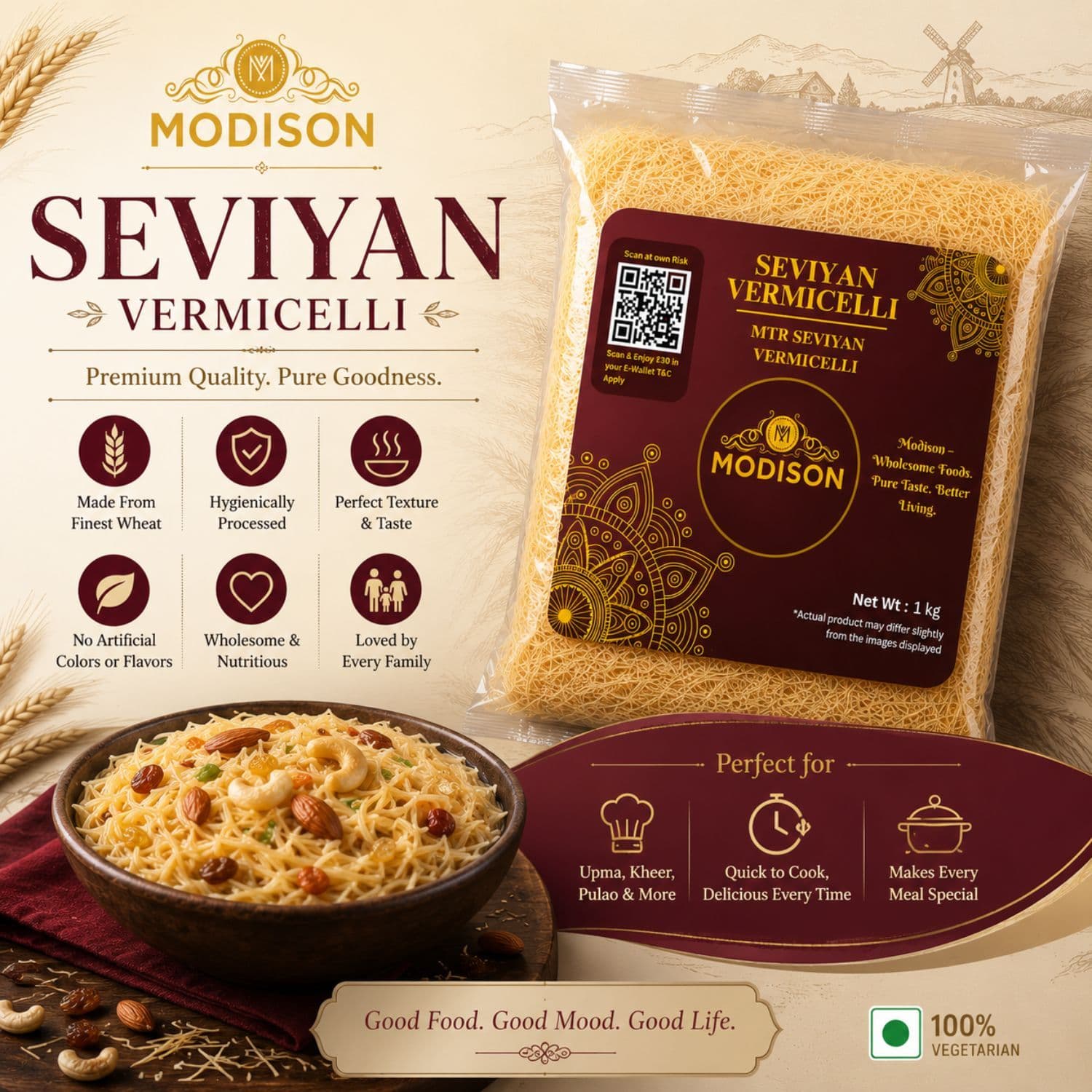 MODISON Seviyan Vermicelli Hard Wheat Semolina Pasta 1kg by Modison, view 3