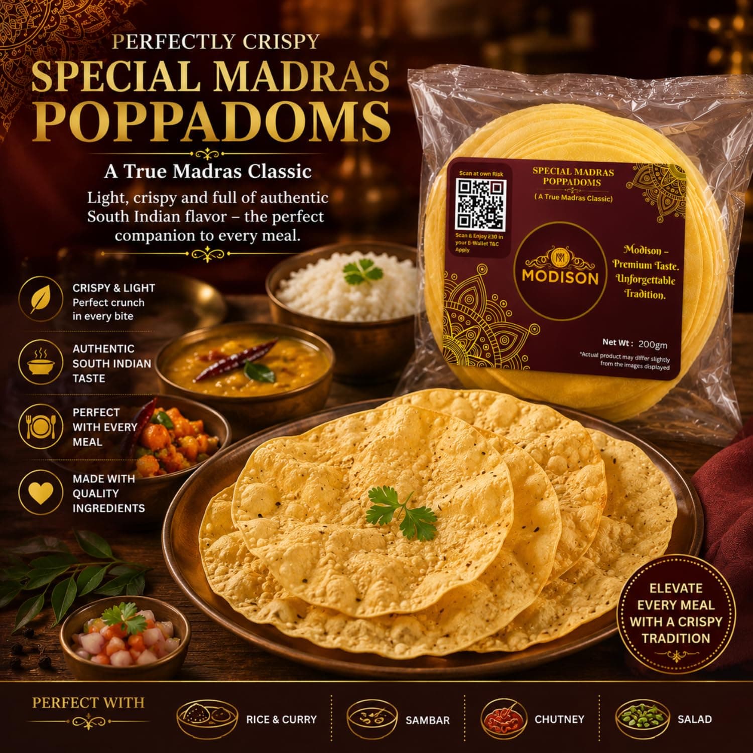 MODISON Special Madras Poppadoms Indian Papad Crispy Lentil Wafer 200g by Modison, view 4