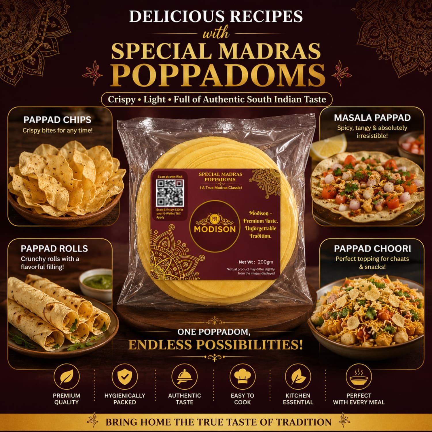 MODISON Special Madras Poppadoms Indian Papad Crispy Lentil Wafer 200g by Modison, view 6