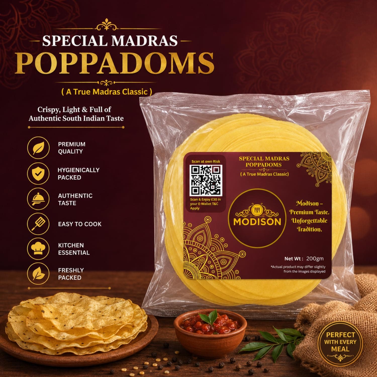 MODISON Special Madras Poppadoms Indian Papad Crispy Lentil Wafer 200g by Modison, view 7
