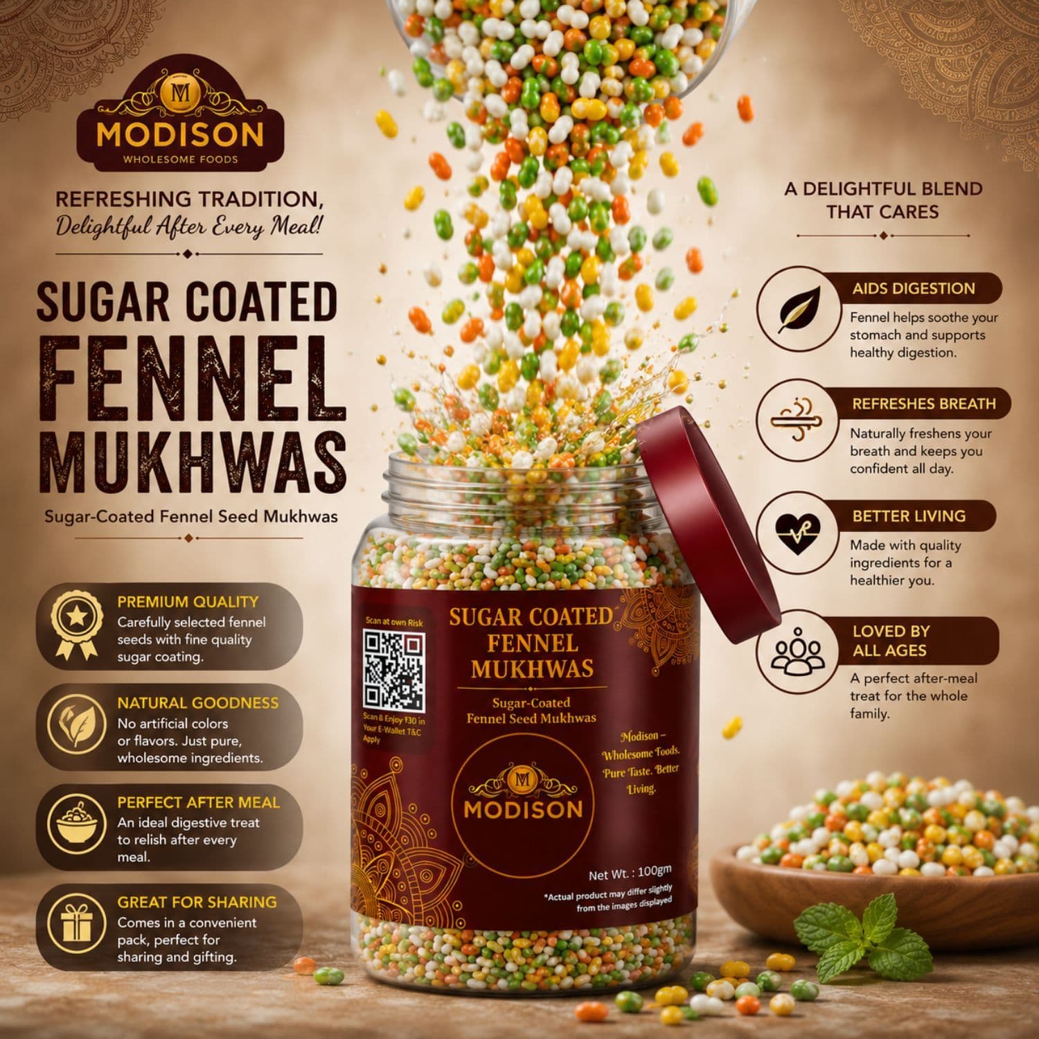MODISON Sugar Coated Fennel Indian Mouth Freshener Saunf 100g by Modison, view 3