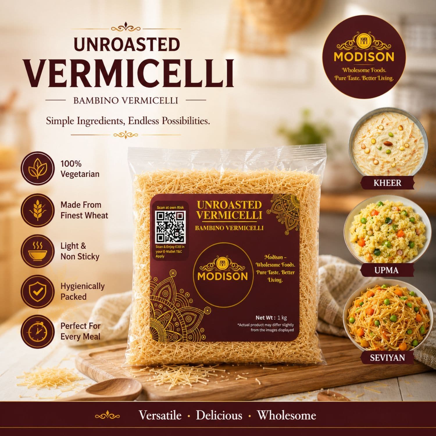 MODISON Unroasted Vermicelli Wheat Semolina Seviyan 1kg by Modison, view 2