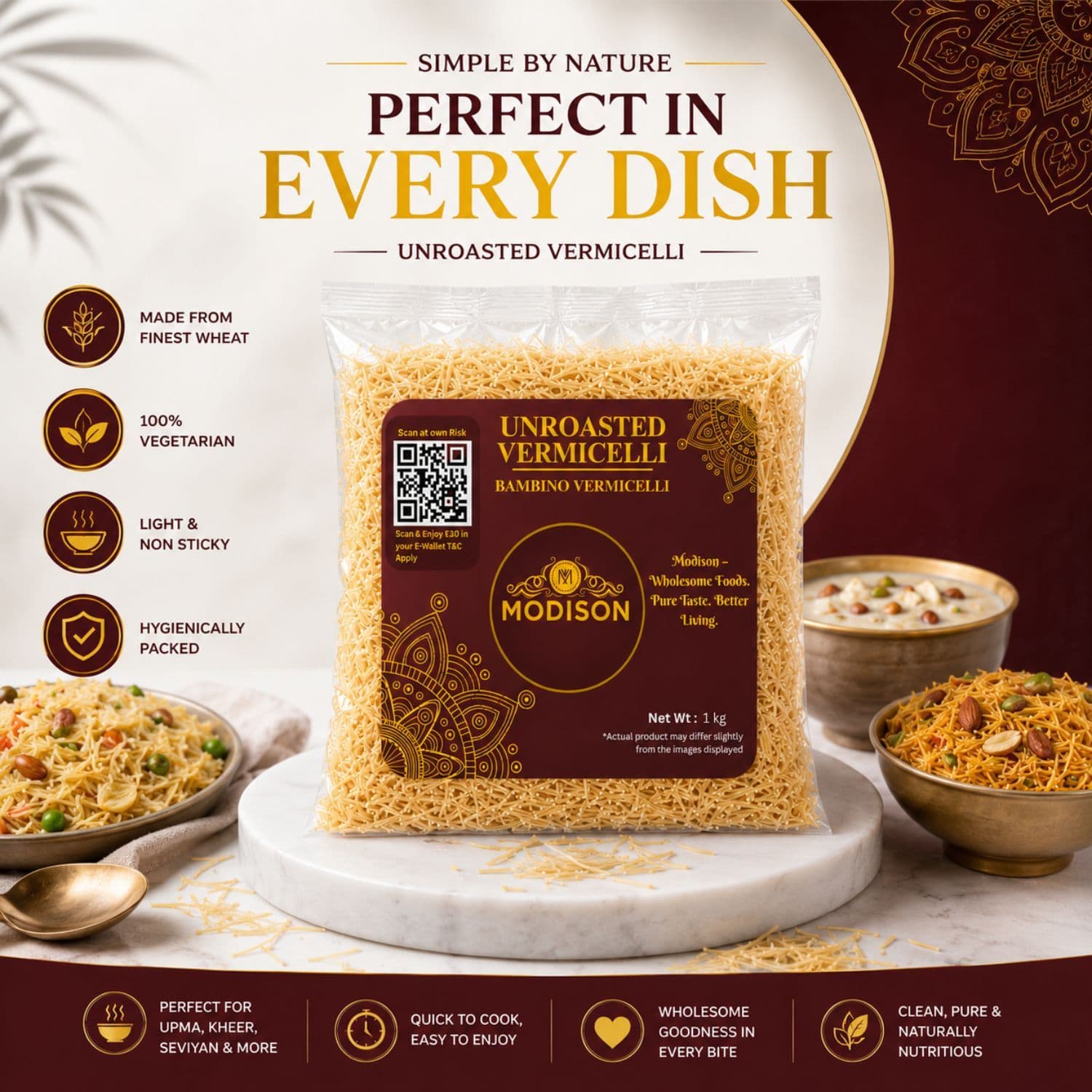 MODISON Unroasted Vermicelli Wheat Semolina Seviyan 1kg by Modison, view 3