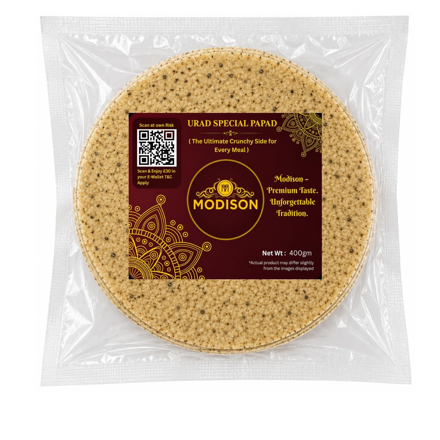 MODISON Urad Special Indian Papad Black Pepper Lentil Wafer 400g by Modison, view 1