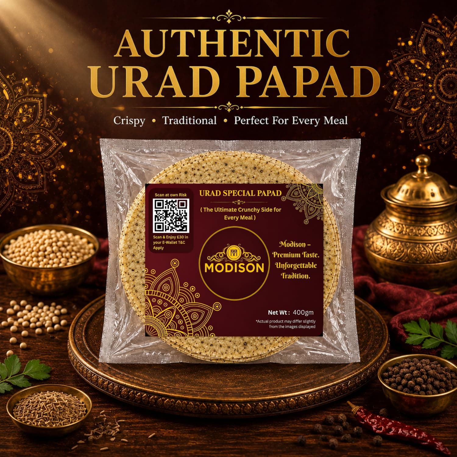 MODISON Urad Special Indian Papad Black Pepper Lentil Wafer 400g by Modison, view 3
