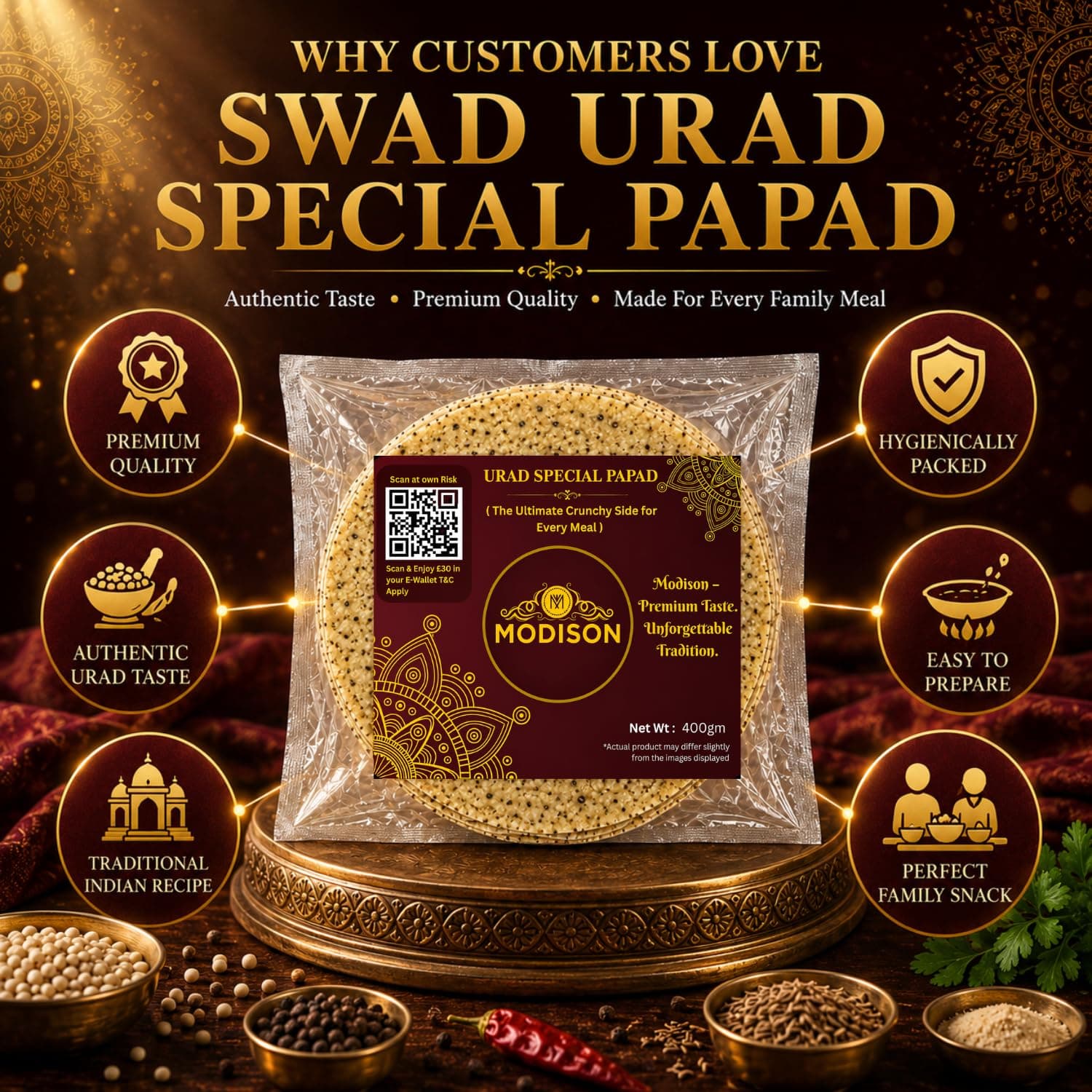 MODISON Urad Special Indian Papad Black Pepper Lentil Wafer 400g by Modison, view 4
