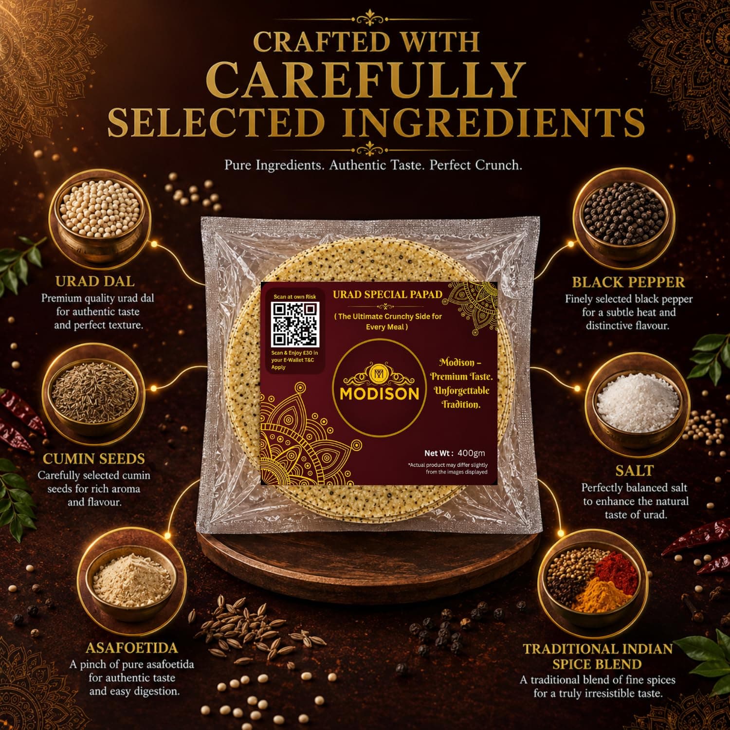 MODISON Urad Special Indian Papad Black Pepper Lentil Wafer 400g by Modison, view 5