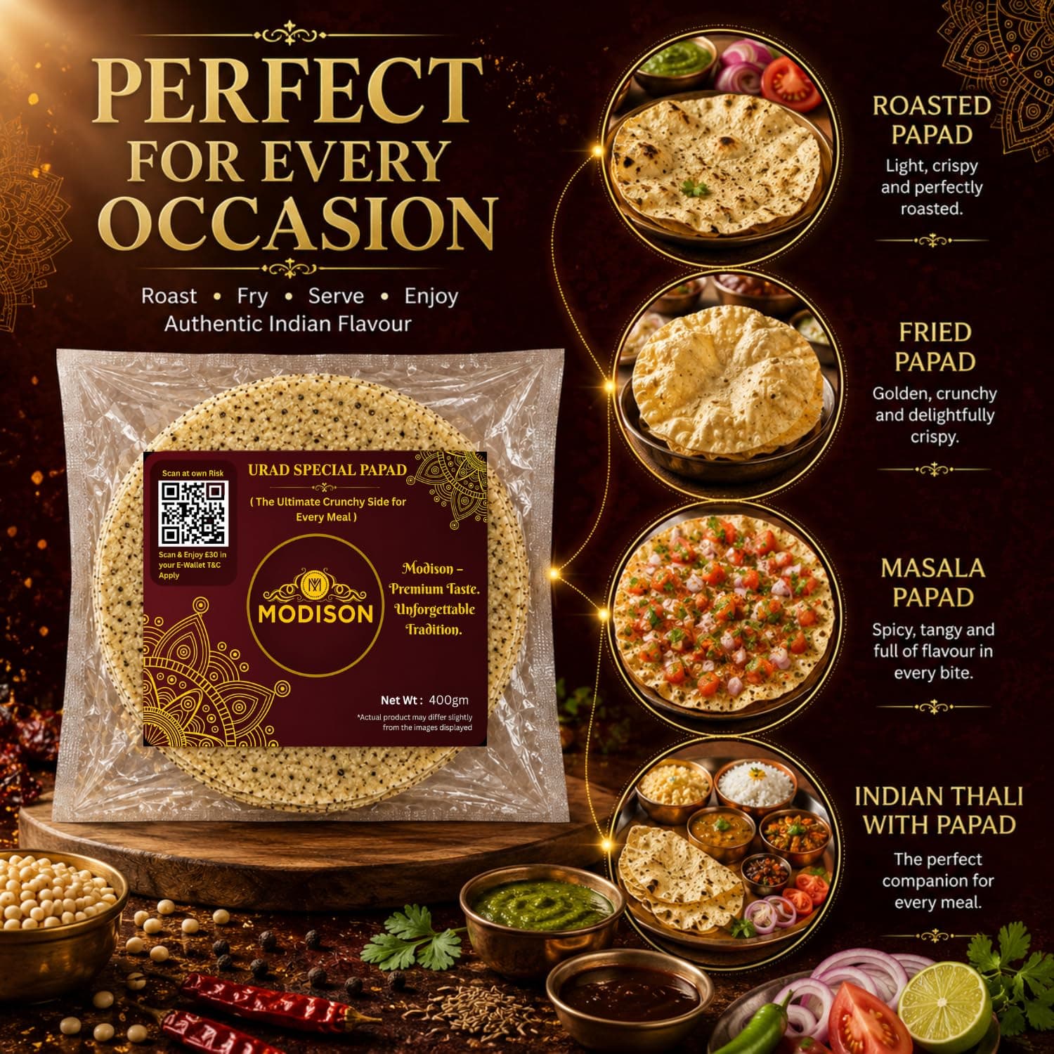 MODISON Urad Special Indian Papad Black Pepper Lentil Wafer 400g by Modison, view 6
