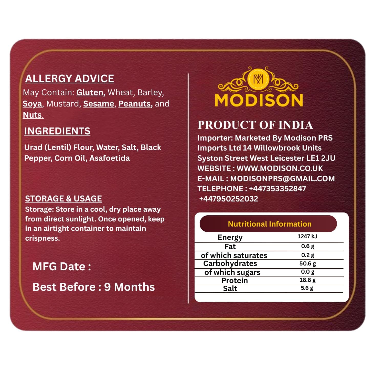 MODISON Urad Special Indian Papad Black Pepper Lentil Wafer 400g by Modison, view 9