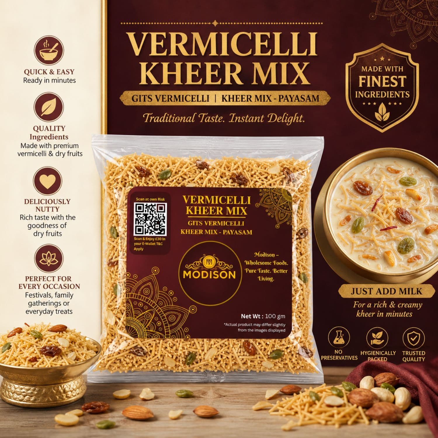 MODISON Vermicelli Kheer Mix Instant Payasam Dessert Mix 100g by Modison, view 2